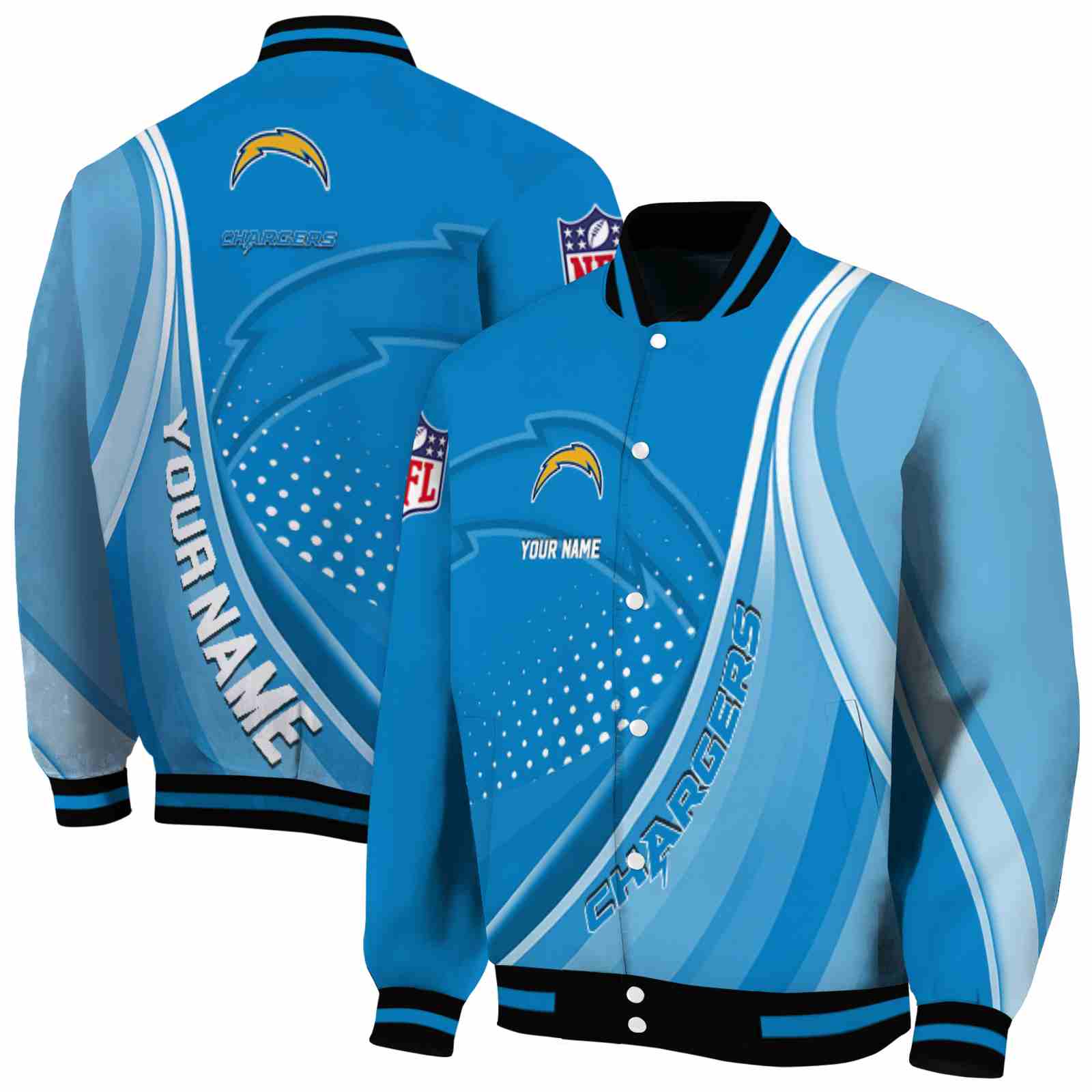 NFL Los Angeles Chargers Wave Patterns Blue Custom Baseball Jacket Sport Fans Gear