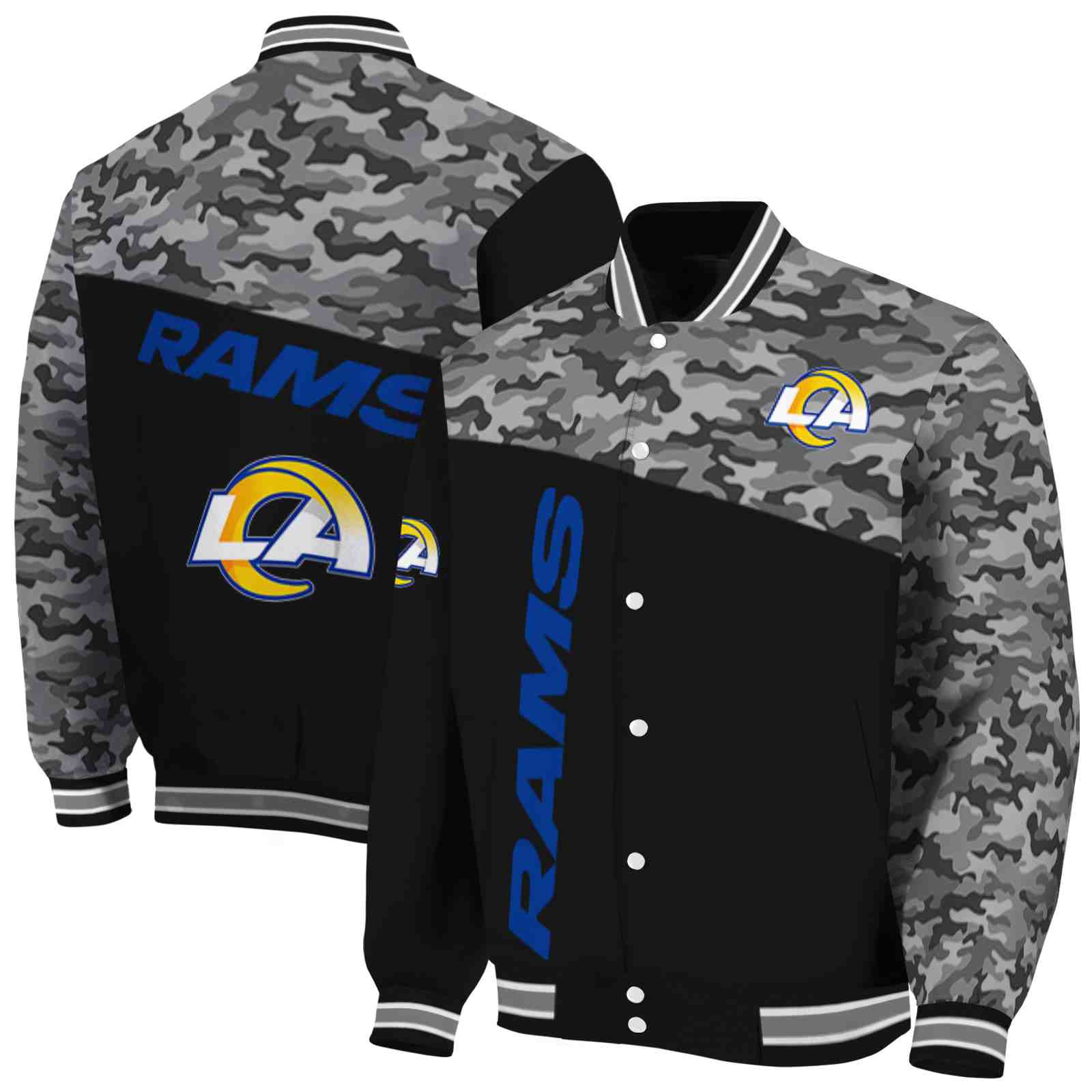 NFL Los Angeles Rams Camo Patchwork Black Custom Baseball Jacket Sport Fans Gear