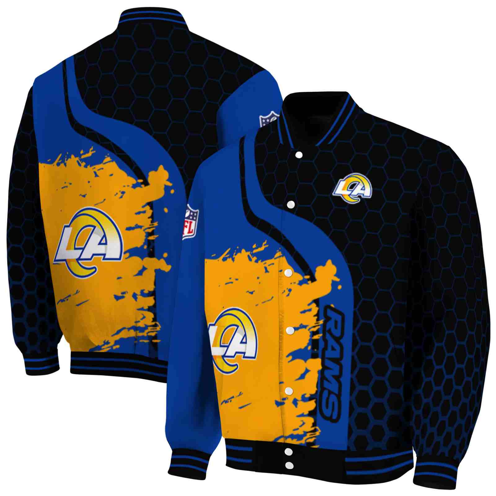 NFL Los Angeles Rams Hexagonal Pattern Blue Black Custom Baseball Jacket Sport Fans Gear