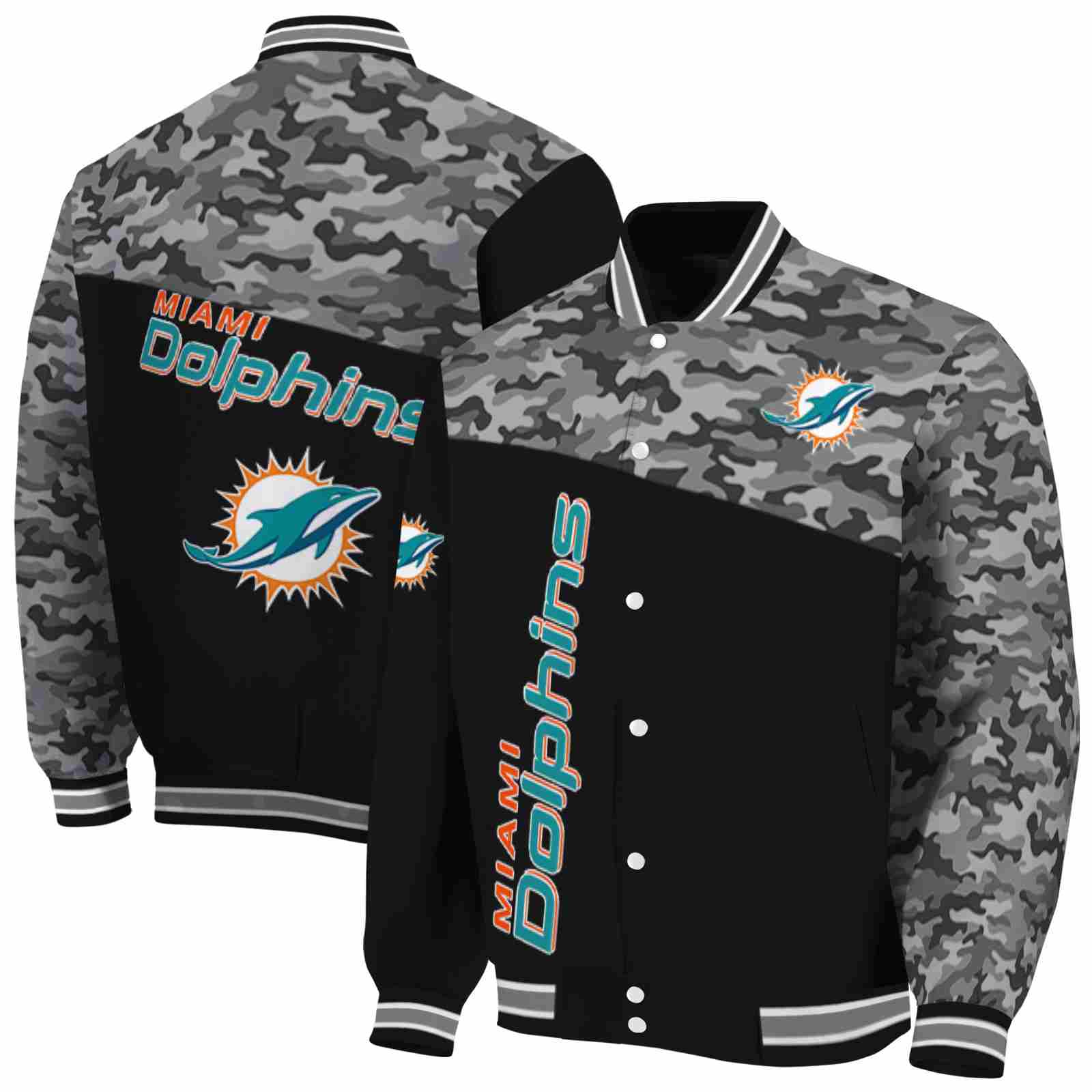 NFL Miami Dolphins Camo Patchwork Black Custom Baseball Jacket Sport Fans Gear