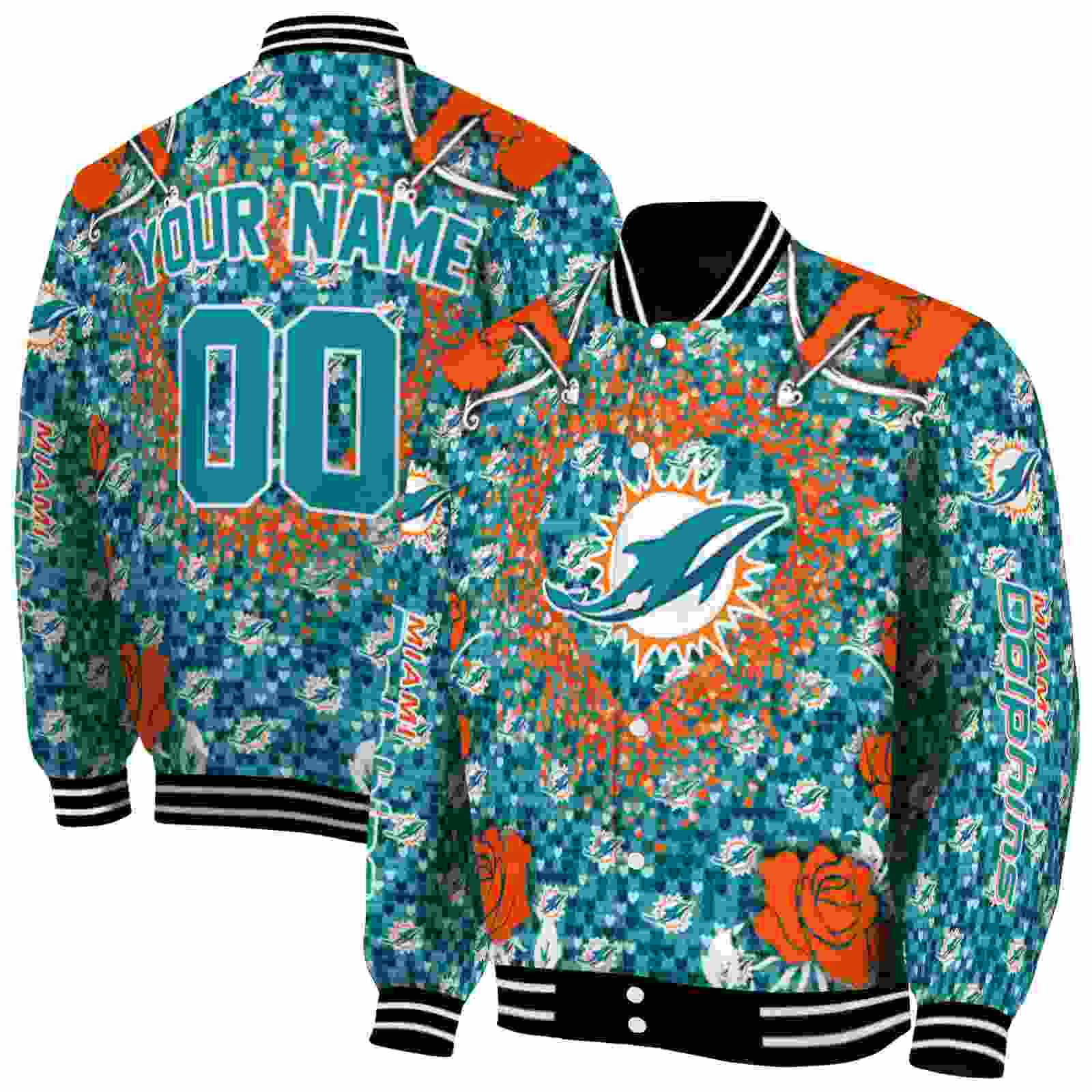 NFL Miami Dolphins Heart Explosion Aqua Custom Baseball Jacket Sport Fans Gear