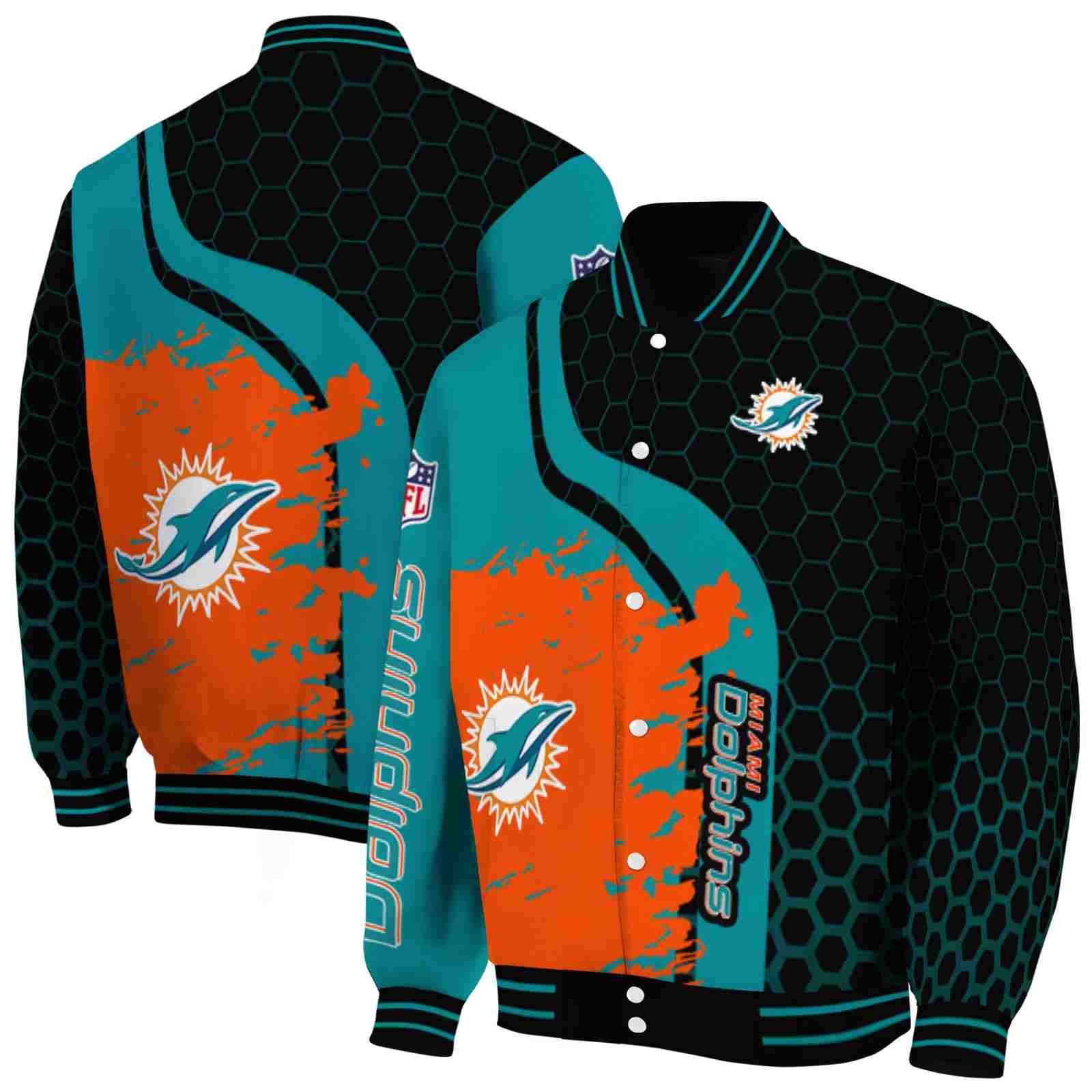 NFL Miami Dolphins Hexagonal Pattern Aqua Black Custom Baseball Jacket Sport Fans Gear