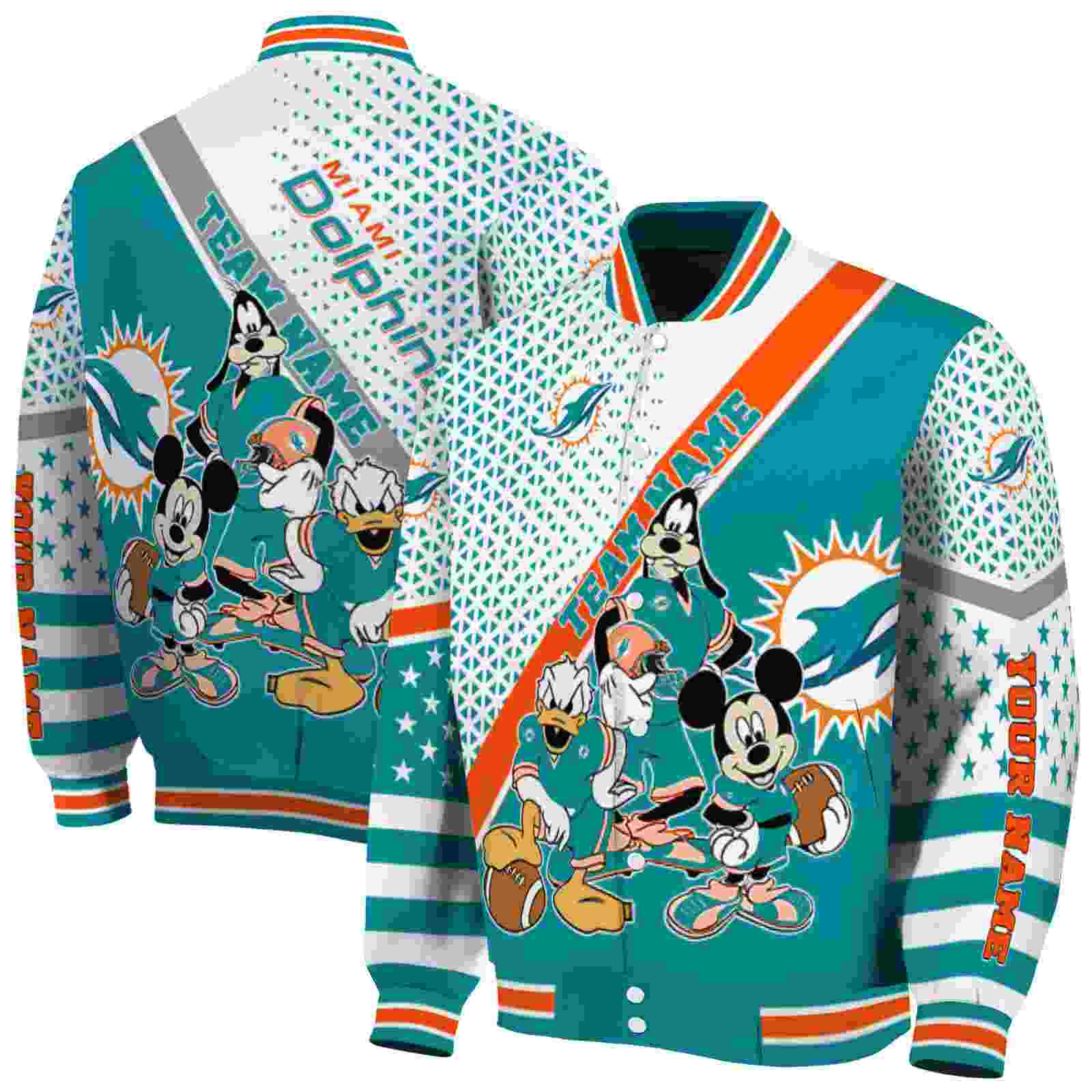 NFL Miami Dolphins Mickey Donald Goofy Aqua White Custom Baseball Jacket Sport Fans Gear