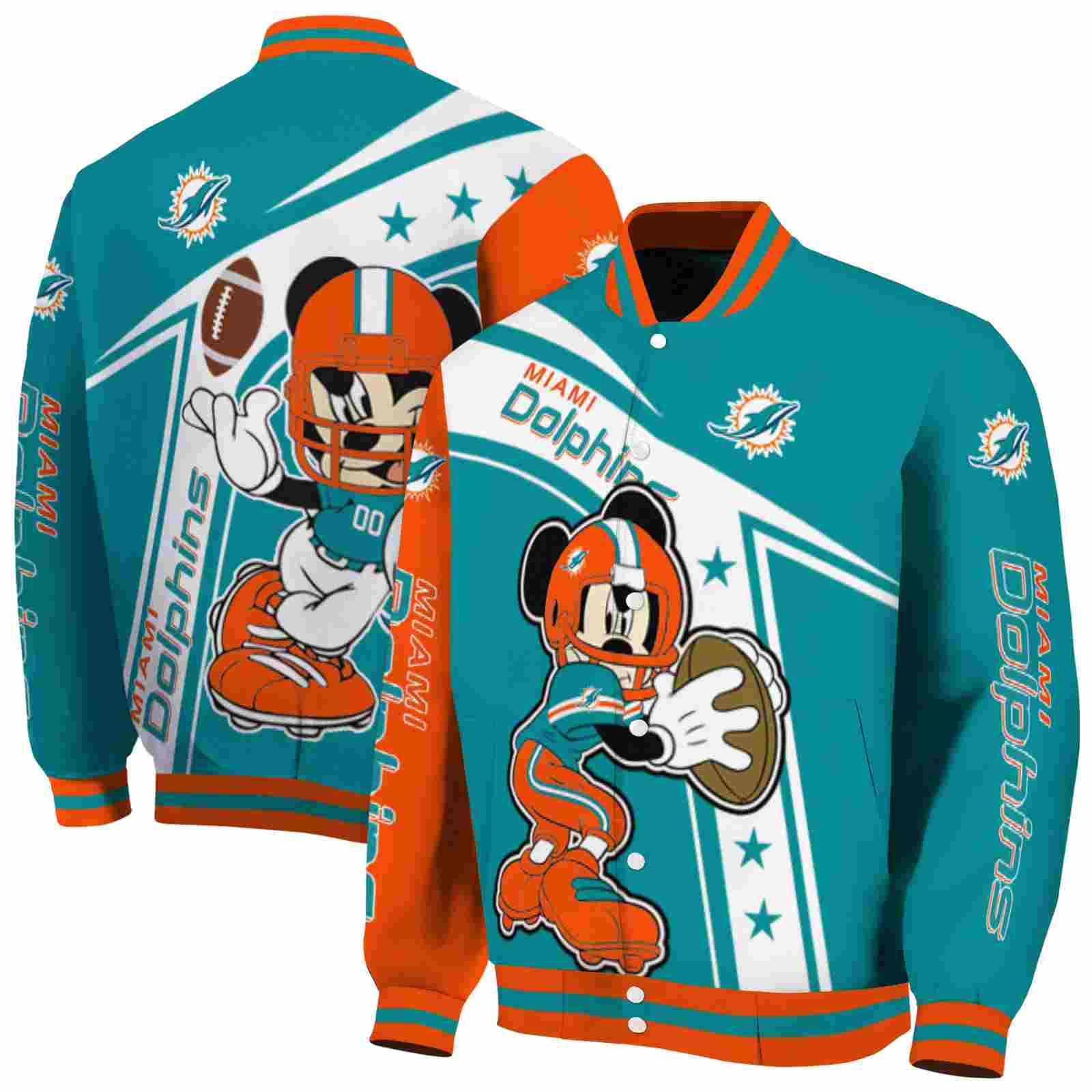 NFL Miami Dolphins Mickey Football Aqua White Custom Baseball Jacket Sport Fans Gear