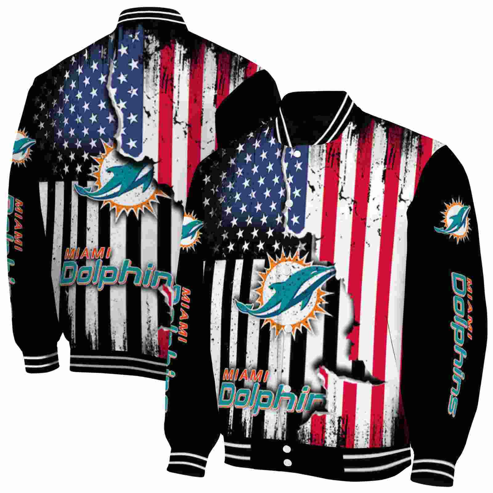 NFL Miami Dolphins Patriotic Theme Black Custom Baseball Jacket Sport Fans Gear