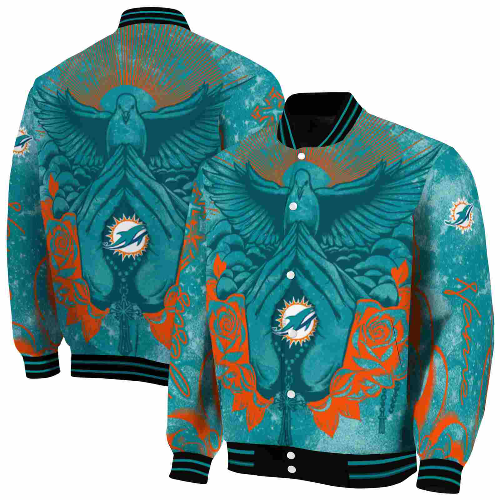 NFL Miami Dolphins Praying Hands Aqua Custom Baseball Jacket Sport Fans Gear