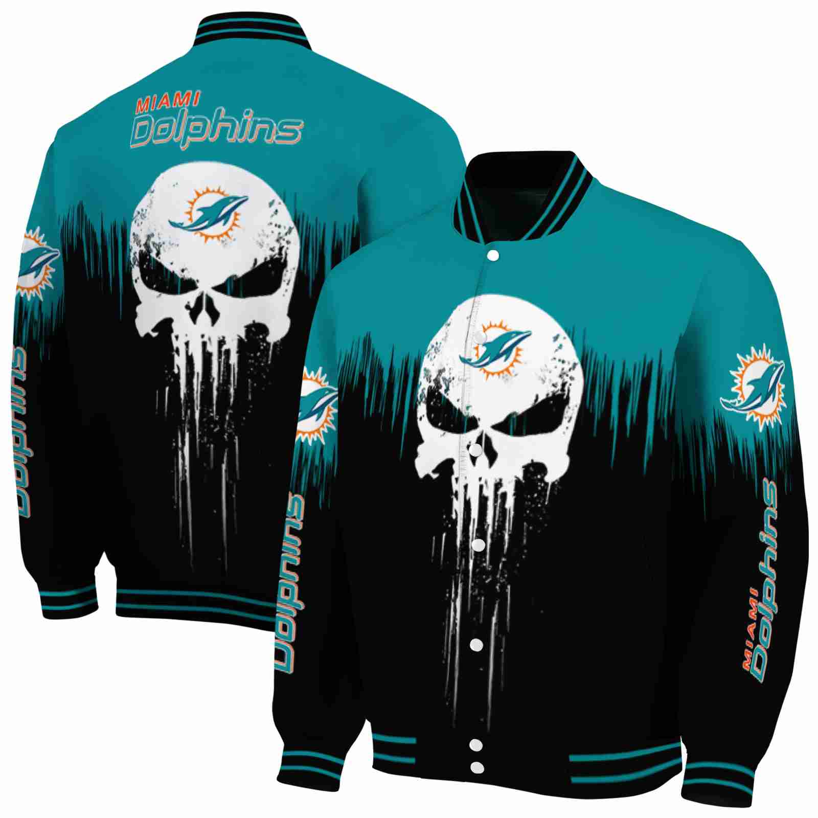 NFL Miami Dolphins Punisher Skull Aqua Black White Custom Baseball Jacket Sport Fans Gear