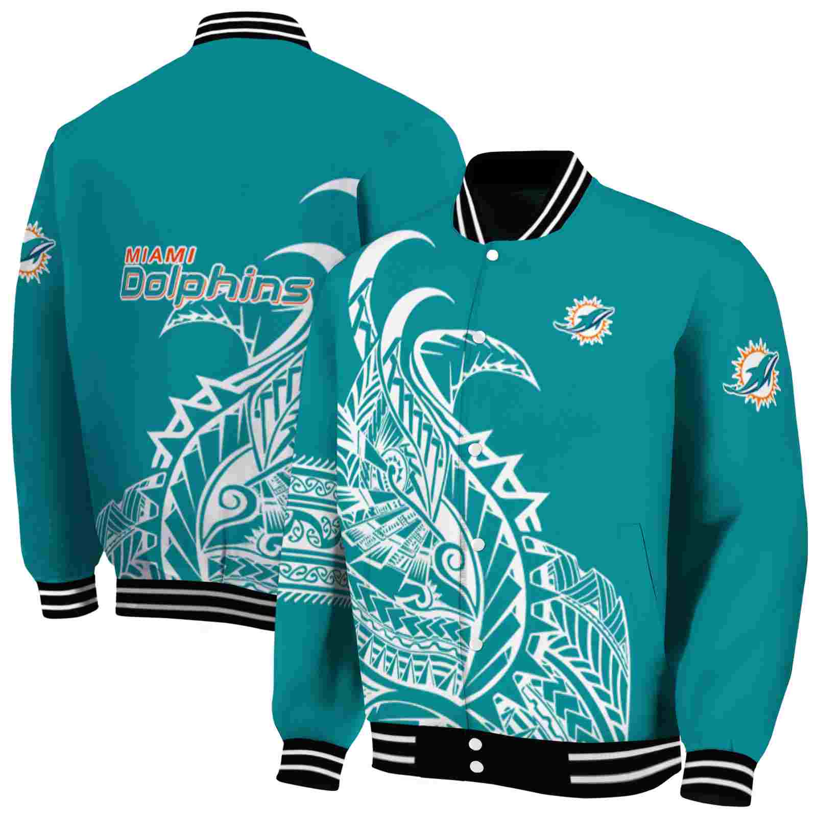 NFL Miami Dolphins Tribal Art Aqua White Black Custom Baseball Jacket Sport Fans Gear