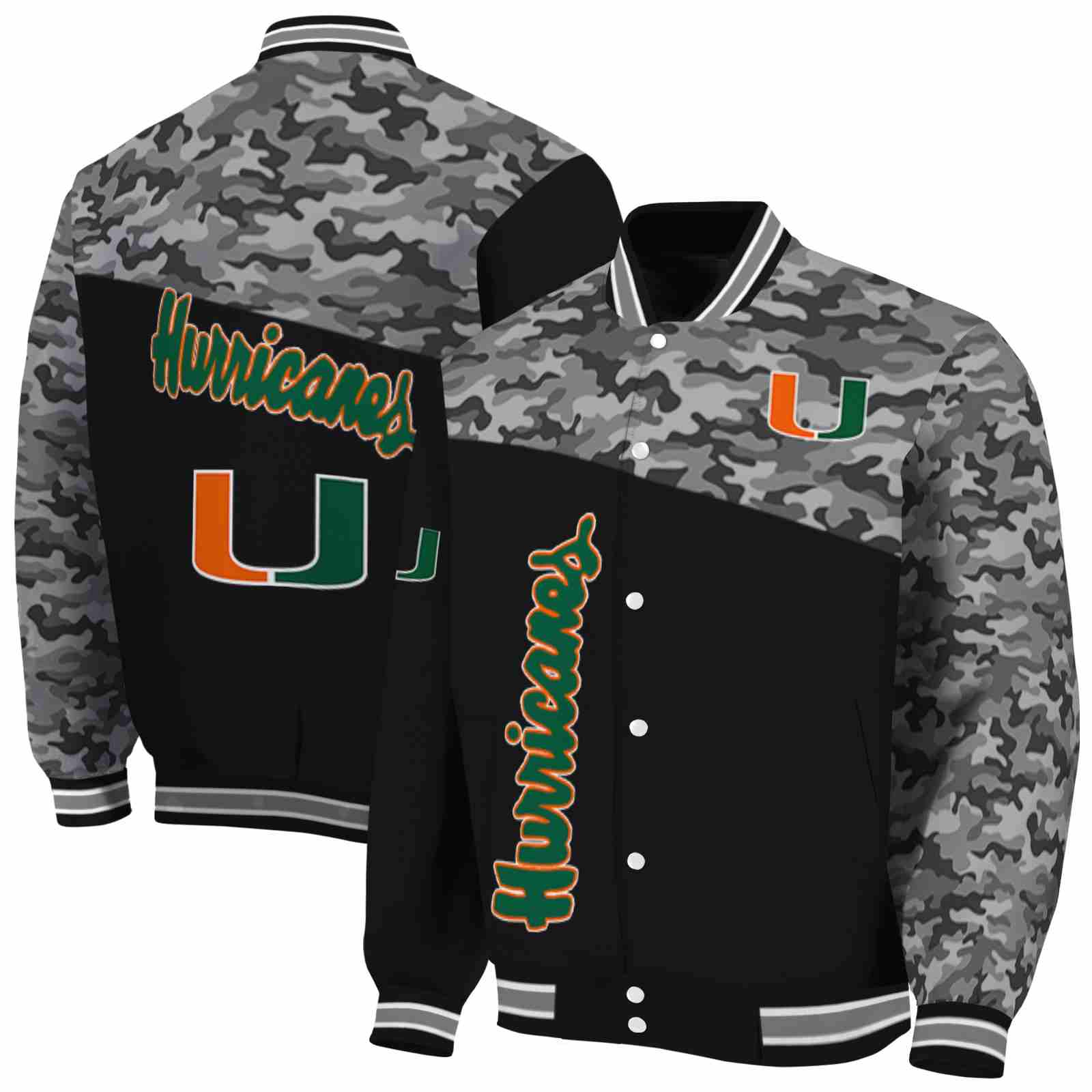 NFL Miami Hurricanes Camo Patchwork Black Custom Baseball Jacket Sport Fans Gear