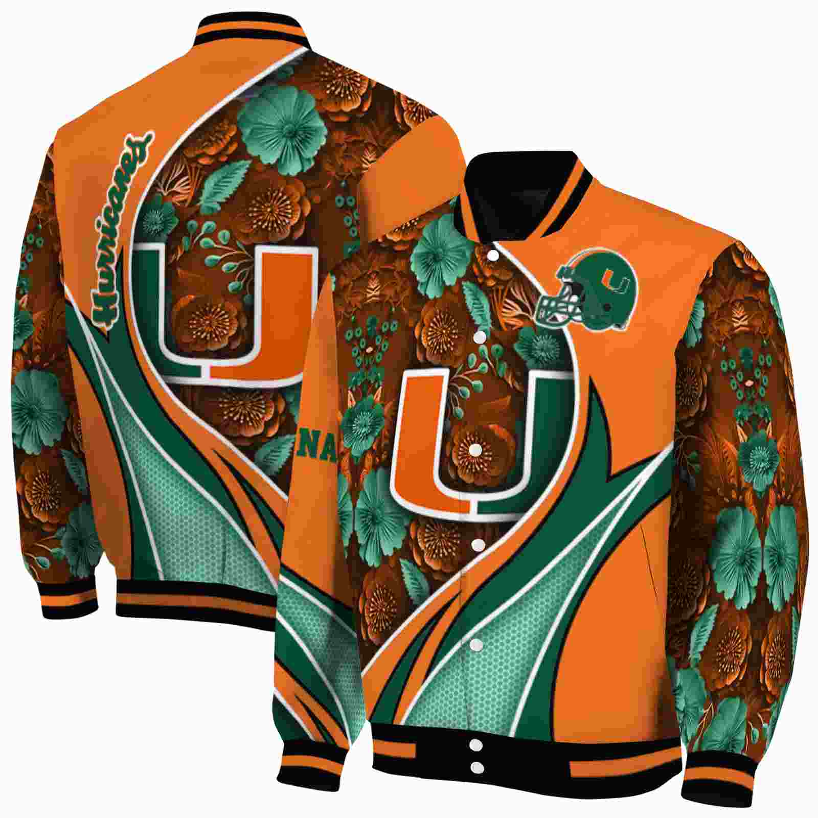 NFL Miami Hurricanes Floral Print Orange Custom Baseball Jacket Sport Fans Gear