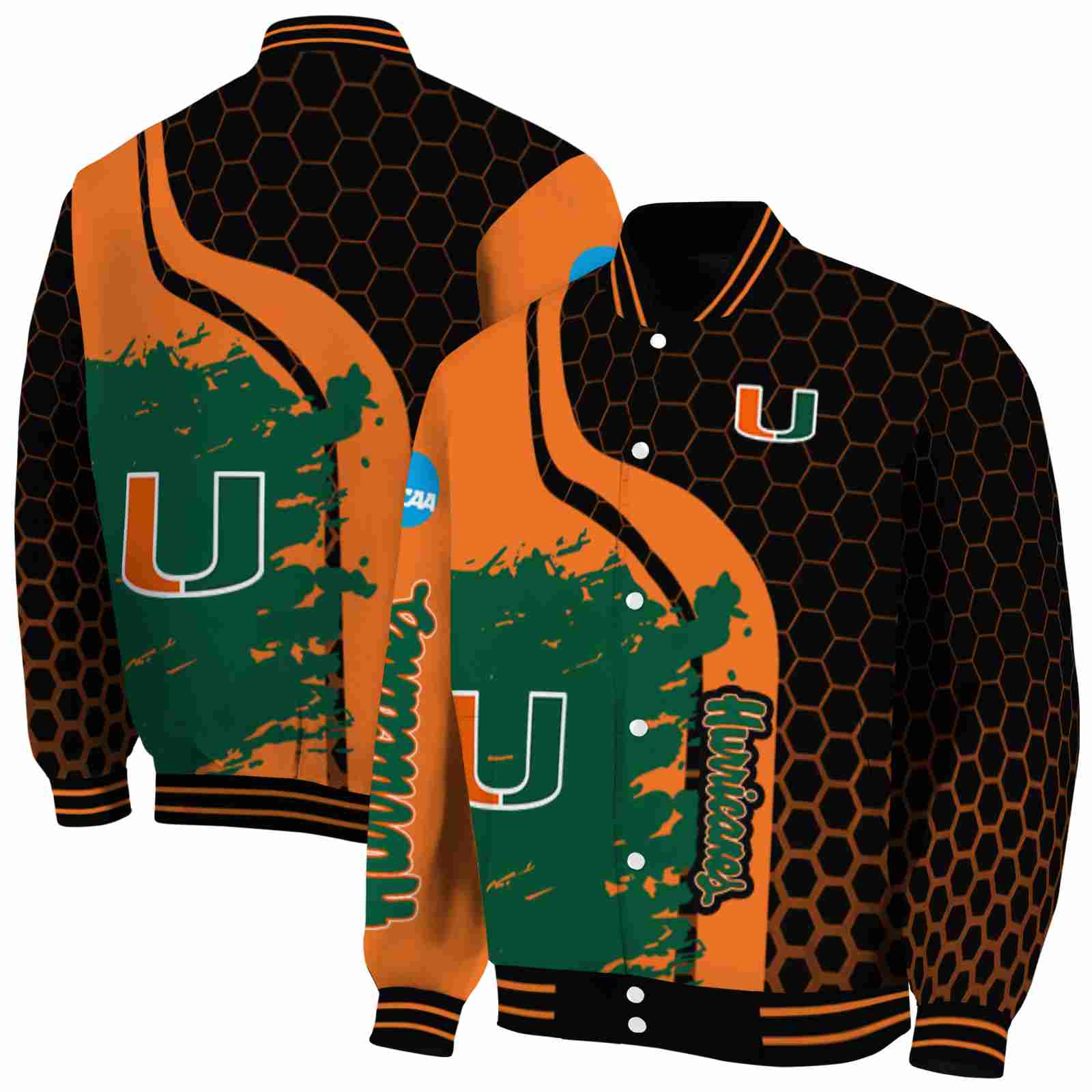 NFL Miami Hurricanes Hexagonal Pattern Orange Black Custom Baseball Jacket Sport Fans Gear