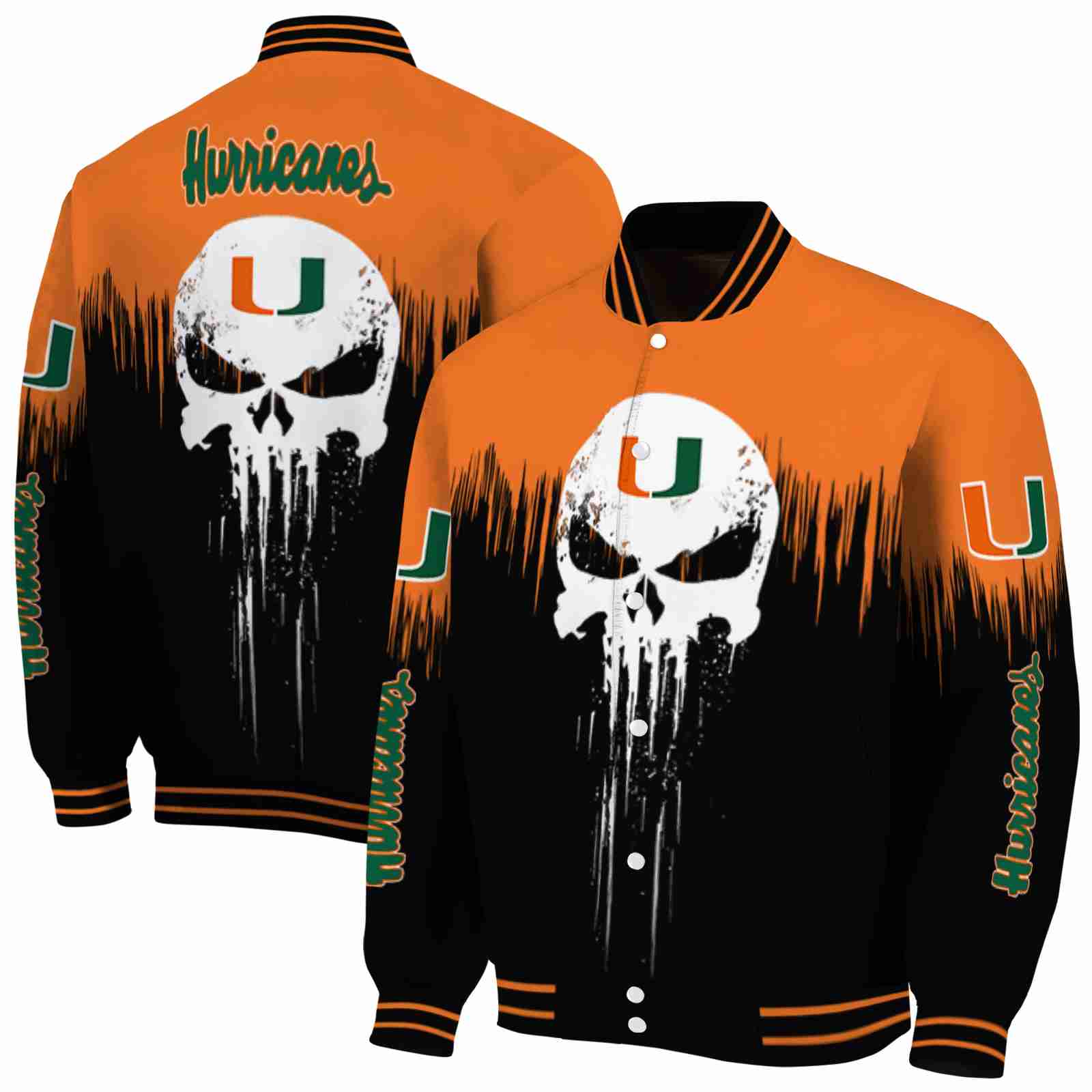 NFL Miami Hurricanes Punisher Skull Orange Black White Custom Baseball Jacket Sport Fans Gear