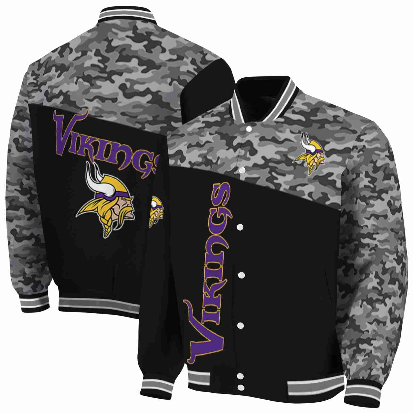 NFL Minnesota Vikings Camo Patchwork Black Custom Baseball Jacket Sport Fans Gear