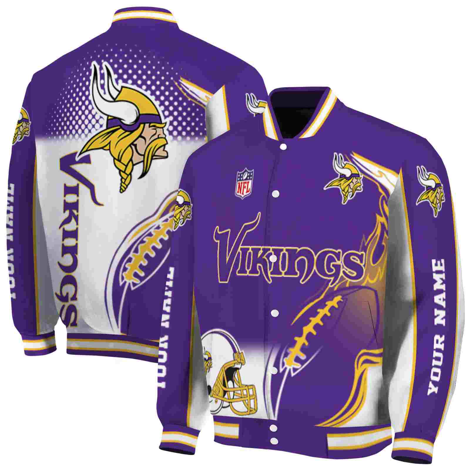 NFL Minnesota Vikings Flaming Football Purple White Custom Baseball Jacket Sport Fans Gear