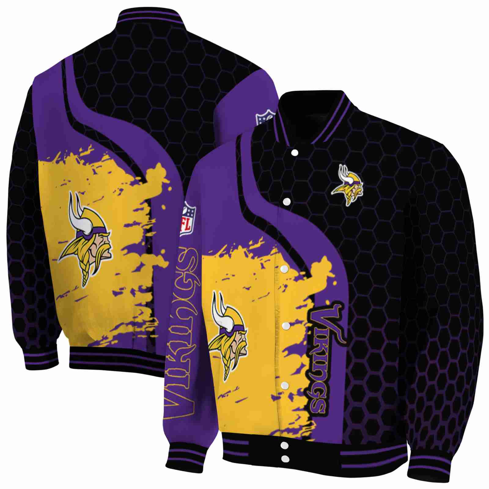 NFL Minnesota Vikings Hexagonal Pattern Purple Black Custom Baseball Jacket Sport Fans Gear