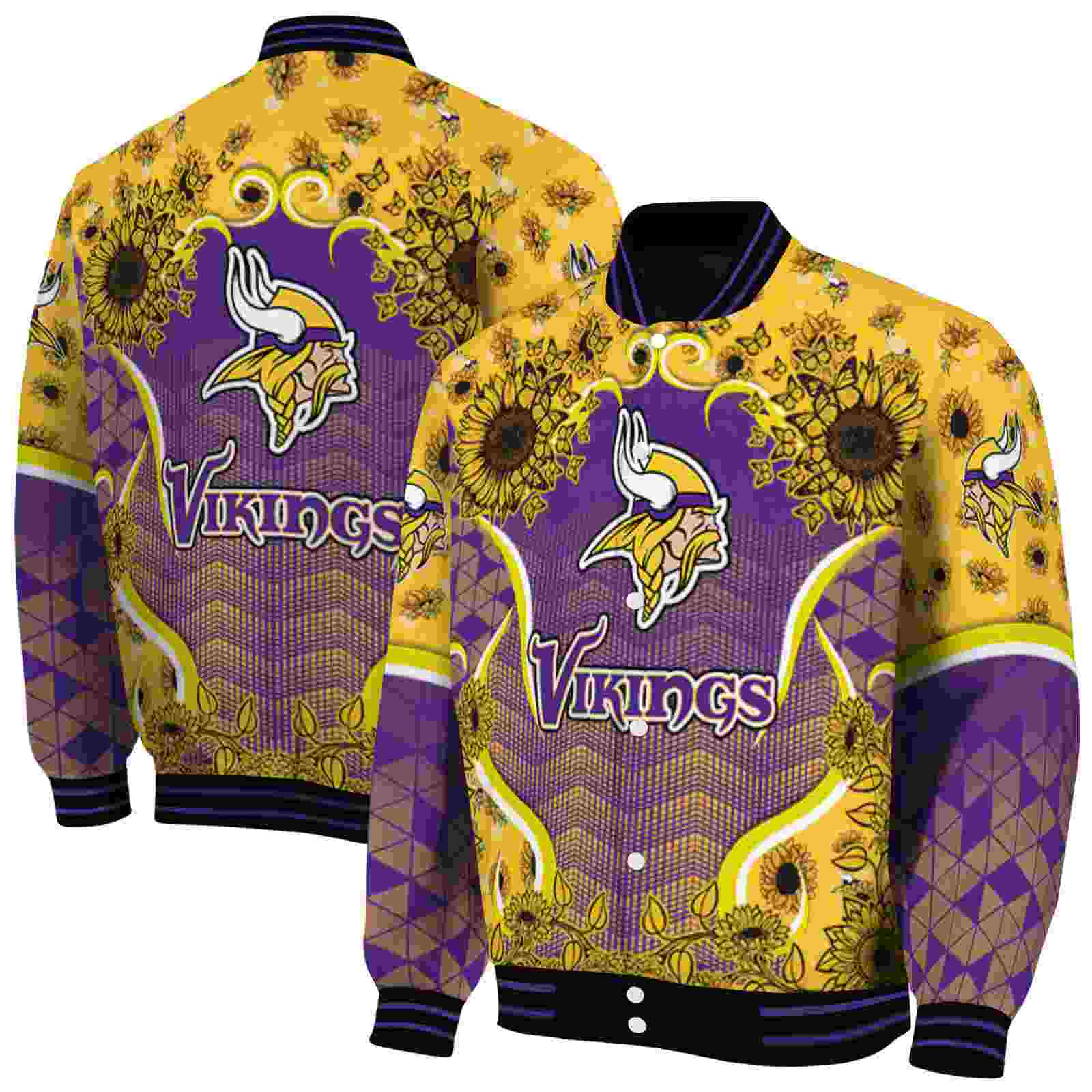 NFL Minnesota Vikings SuNFL ower Bloom Purple Yellow Custom Baseball Jacket Sport Fans Gear
