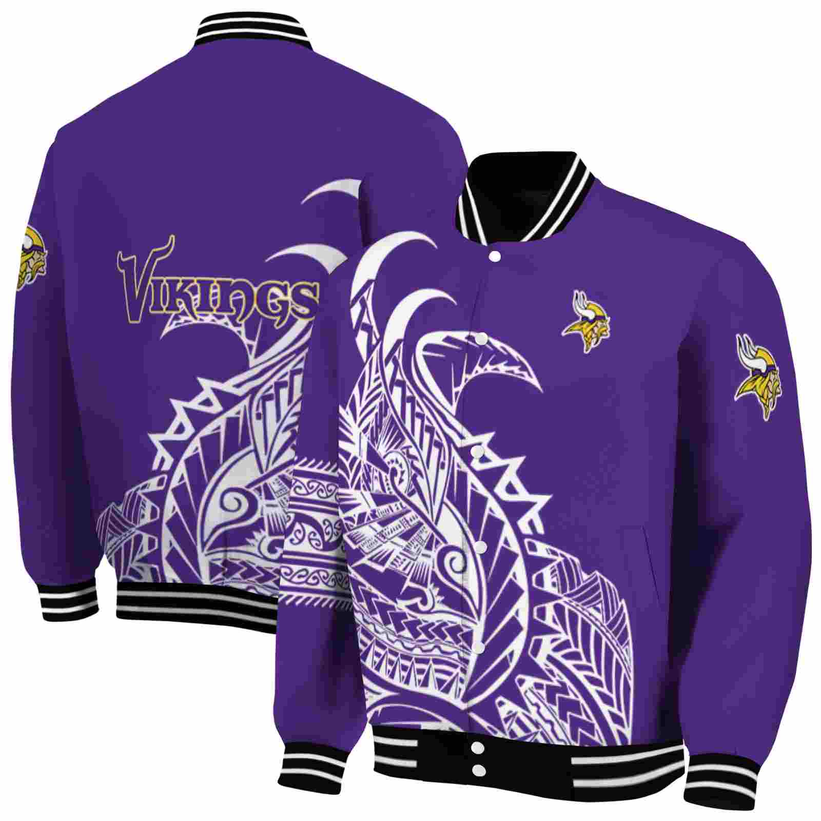 NFL Minnesota Vikings Tribal Art Purple White Black Custom Baseball Jacket Sport Fans Gear