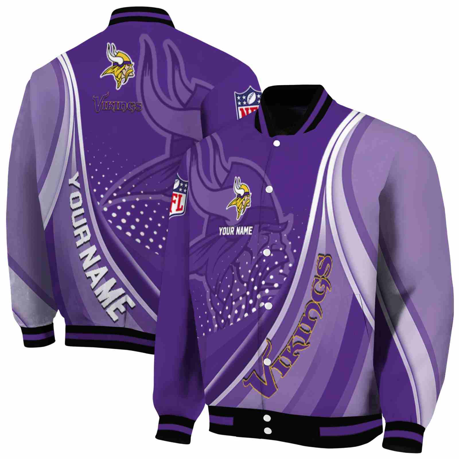 NFL Minnesota Vikings Wave Patterns Purple Custom Baseball Jacket Sport Fans Gear