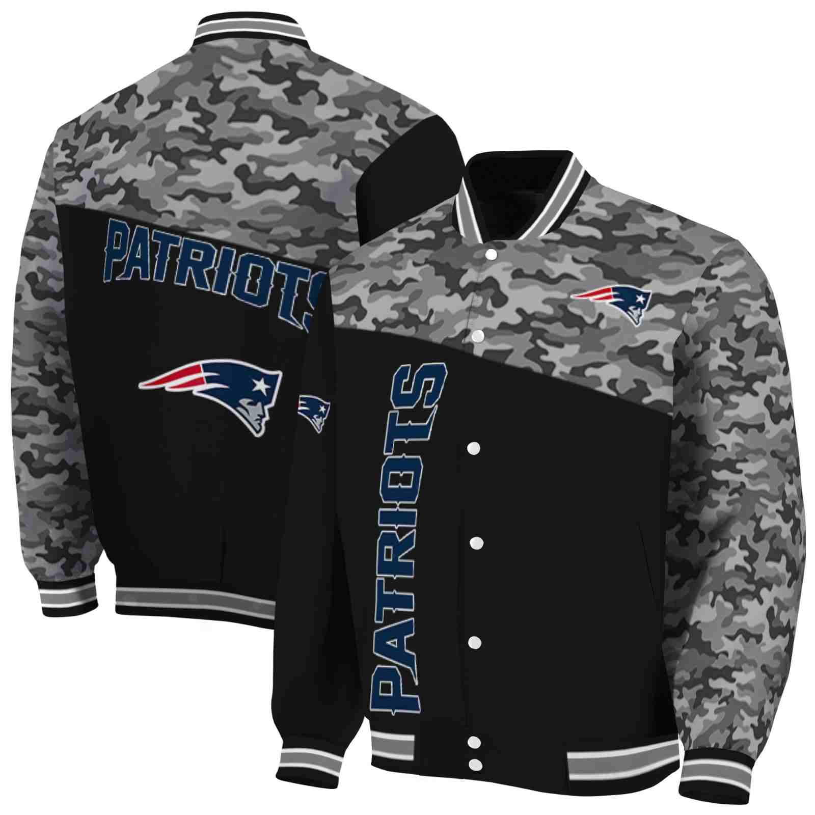 NFL New England Patriots Camo Patchwork Black Custom Baseball Jacket Sport Fans Gear