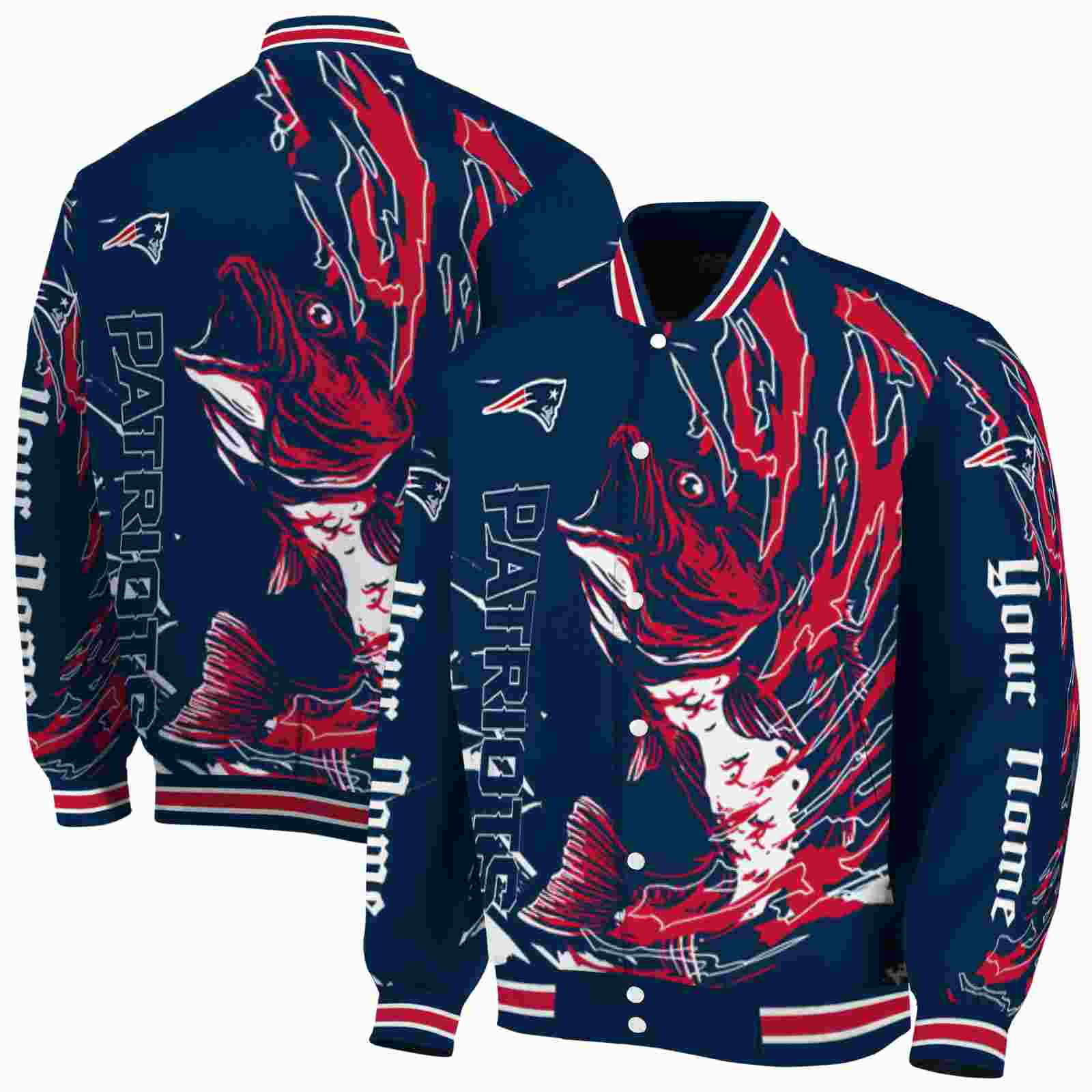 NFL New England Patriots Fishing Passion Blue White Custom Baseball Jacket Sport Fans Gear