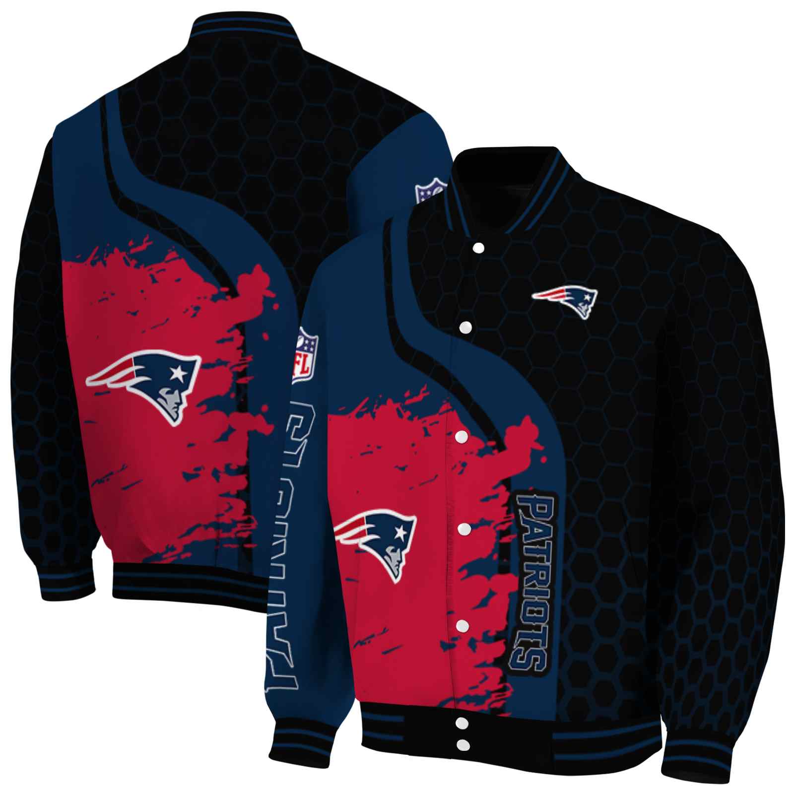 NFL New England Patriots Hexagonal Pattern Blue Black Custom Baseball Jacket Sport Fans Gear