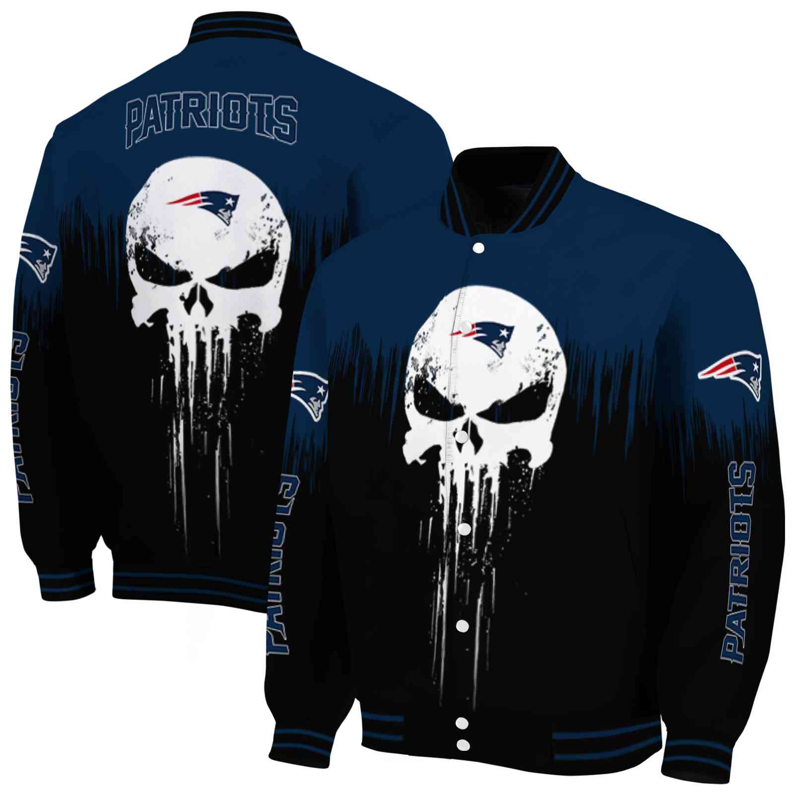 NFL New England Patriots Punisher Skull Blue Black White Custom Baseball Jacket Sport Fans Gear