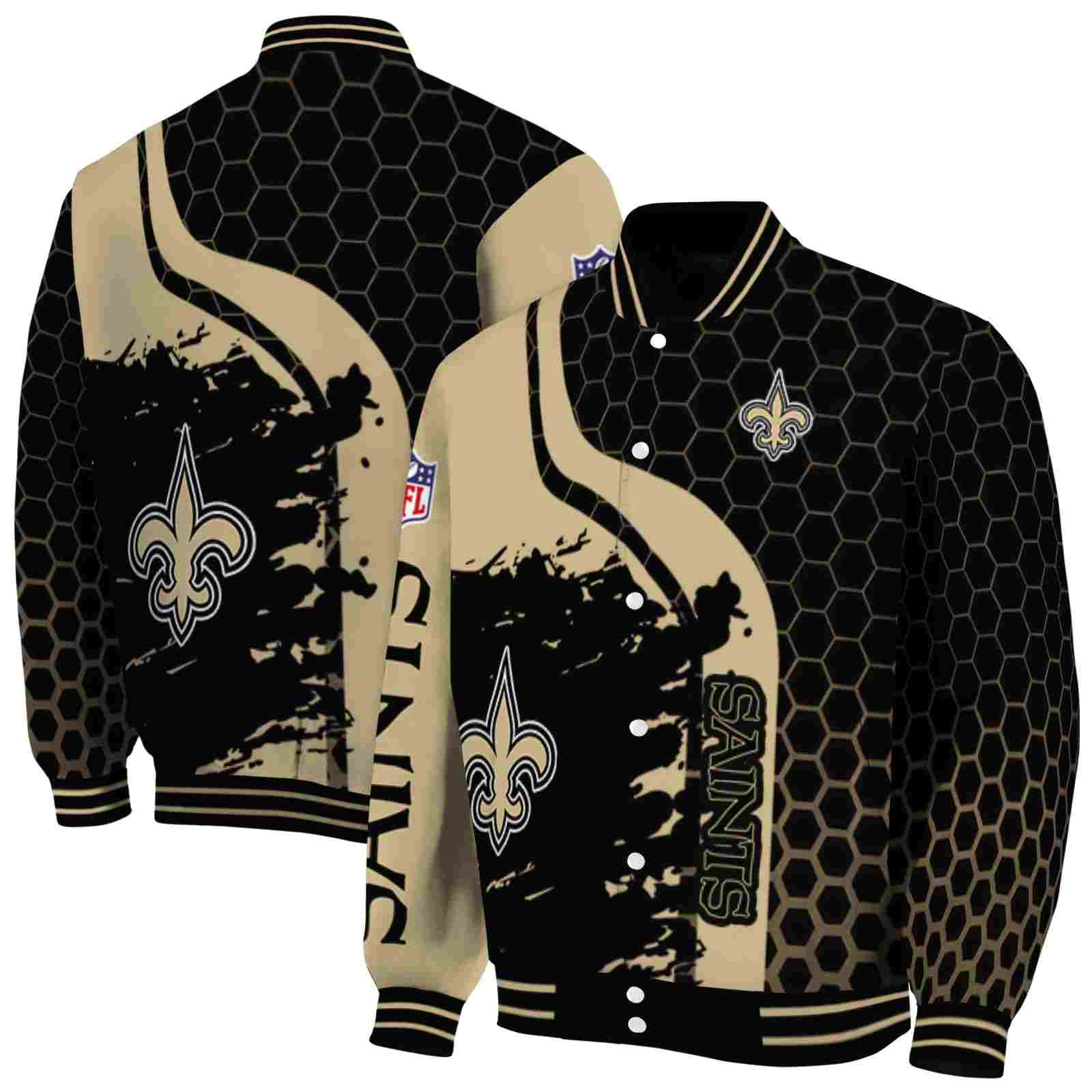 NFL New Orleans Saints Hexagonal Pattern Gold Black Custom Baseball Jacket Sport Fans Gear