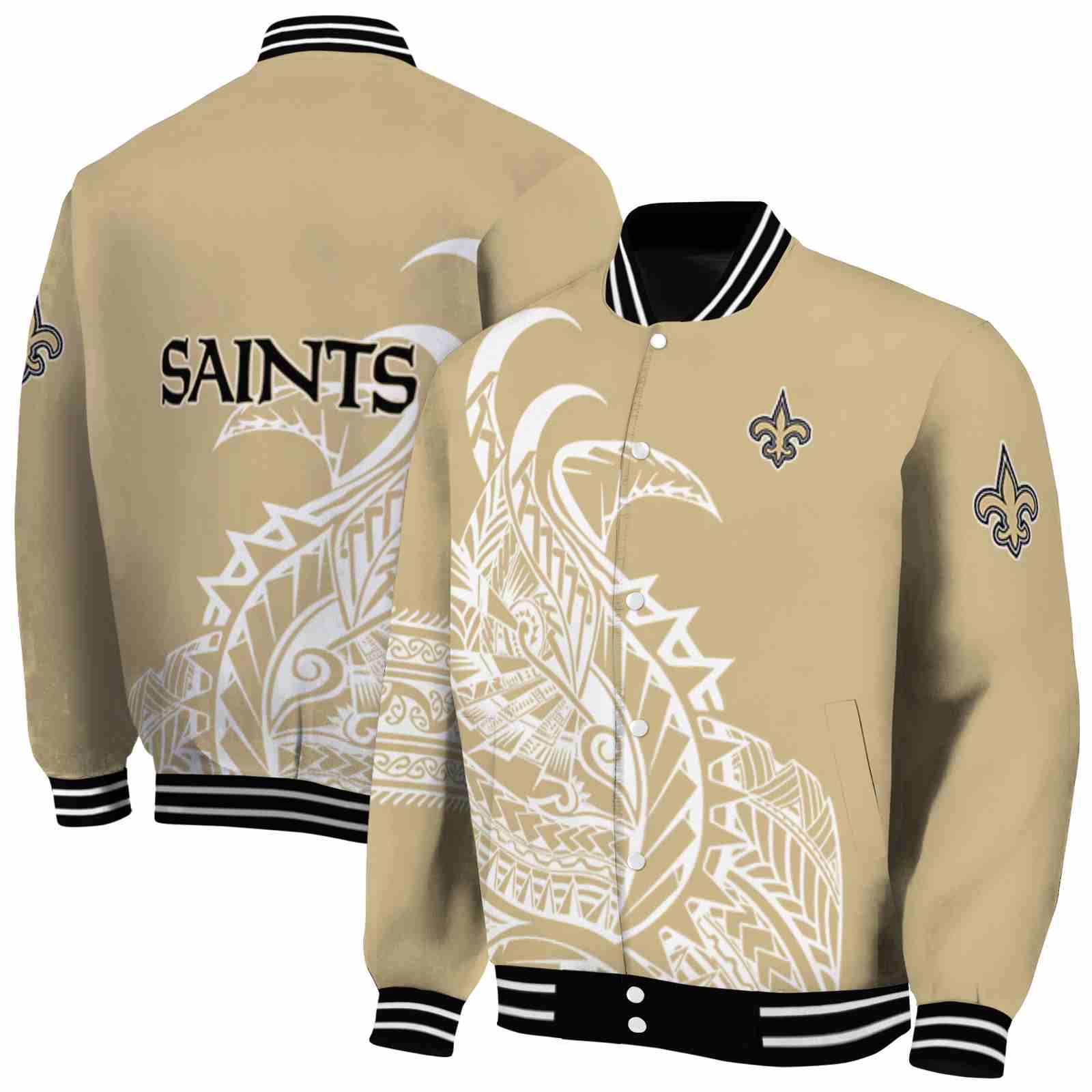 NFL New Orleans Saints Tribal Art Gold White Black Custom Baseball Jacket Sport Fans Gear