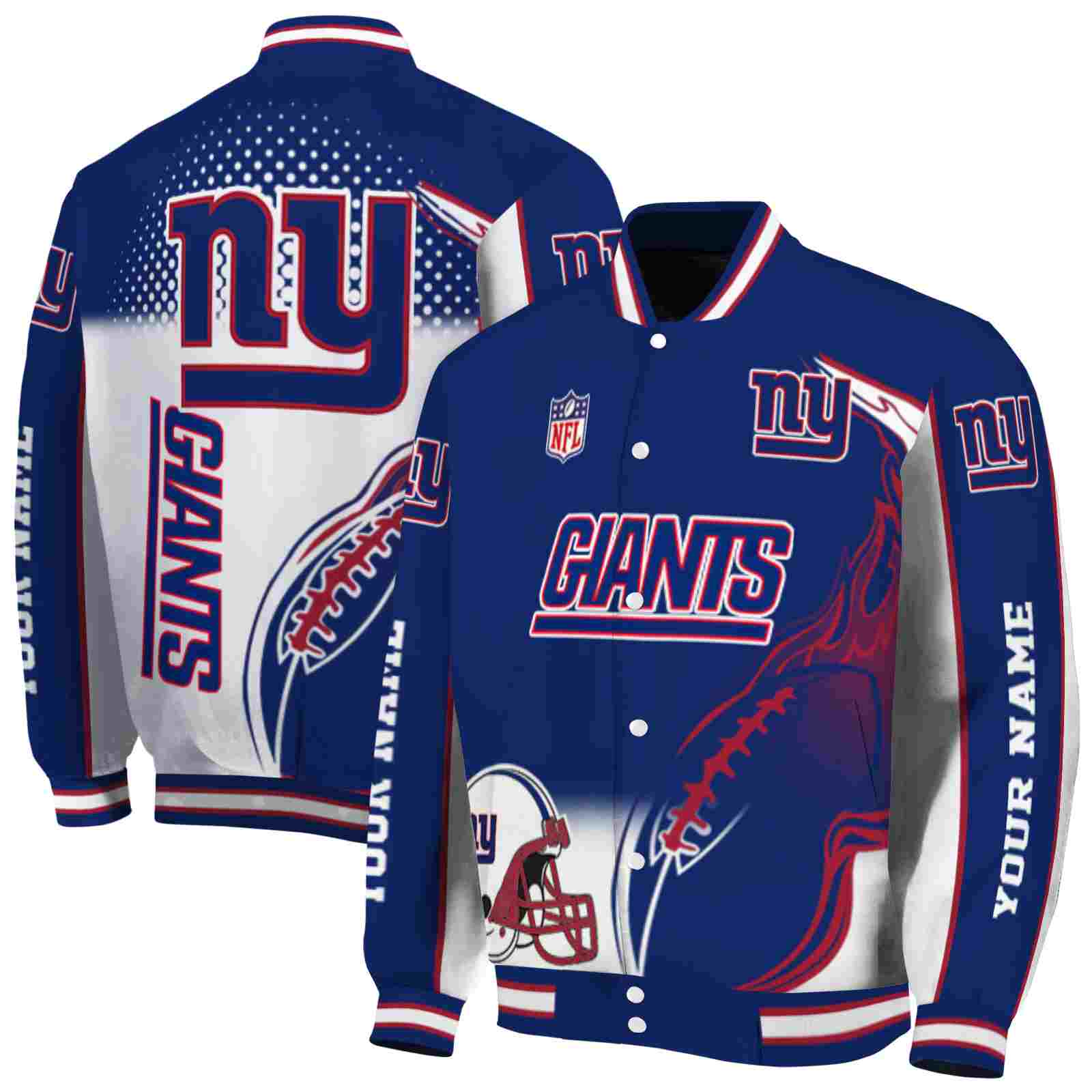 NFL New York Giants Flaming Football Blue White Custom Baseball Jacket Sport Fans Gear