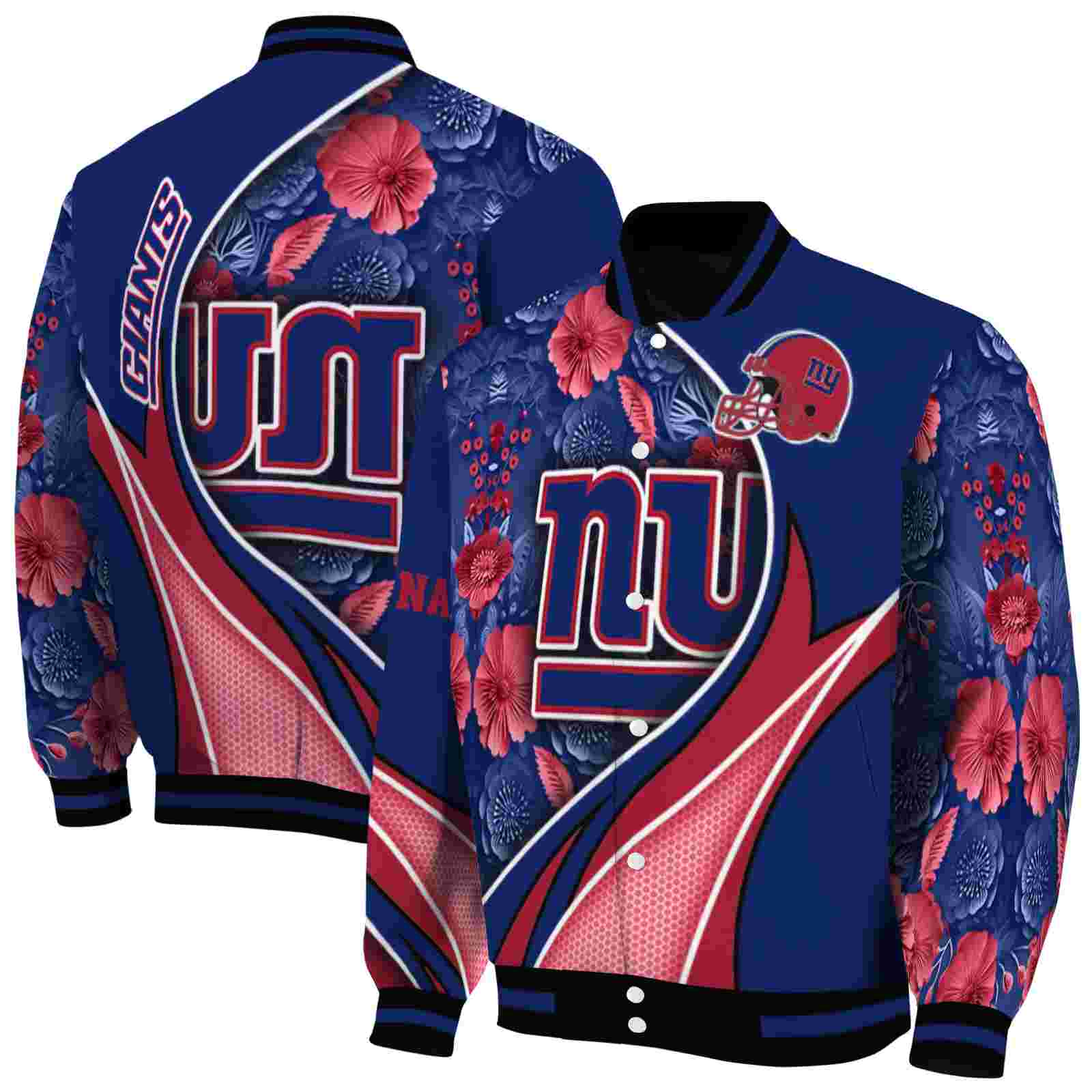 NFL New York Giants Floral Print Blue Custom Baseball Jacket Sport Fans Gear