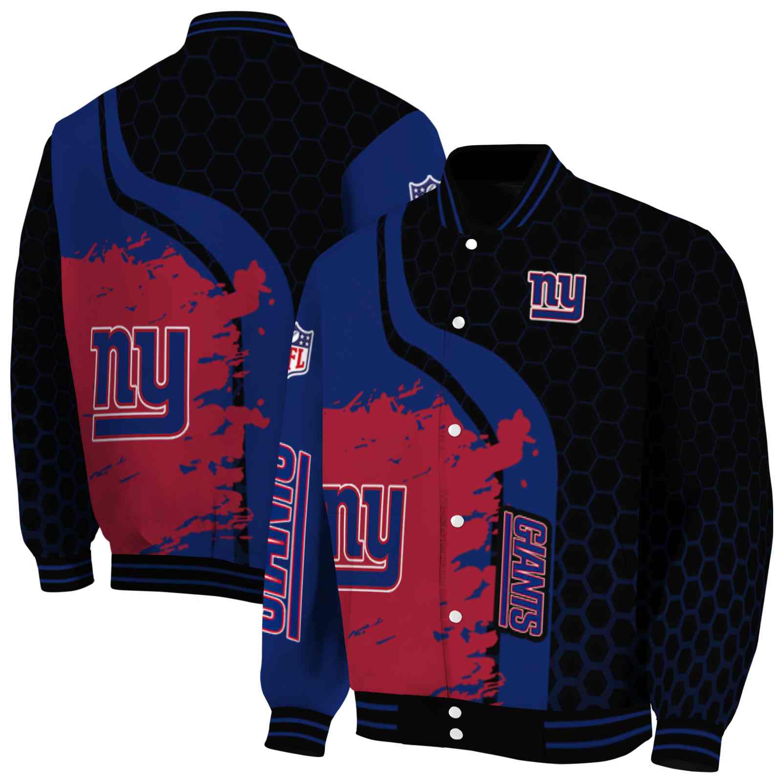 NFL New York Giants Hexagonal Pattern Blue Black Custom Baseball Jacket Sport Fans Gear