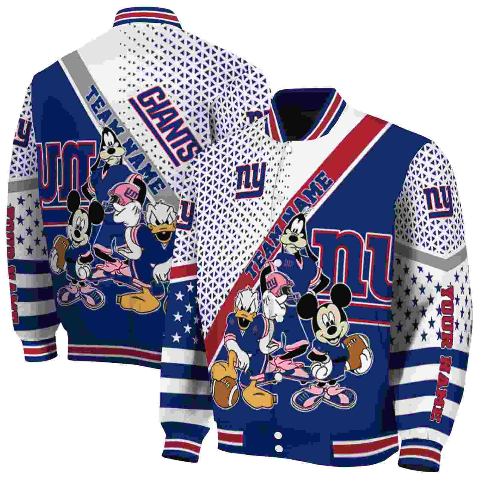 NFL New York Giants Mickey Donald Goofy Blue White Custom Baseball Jacket Sport Fans Gear