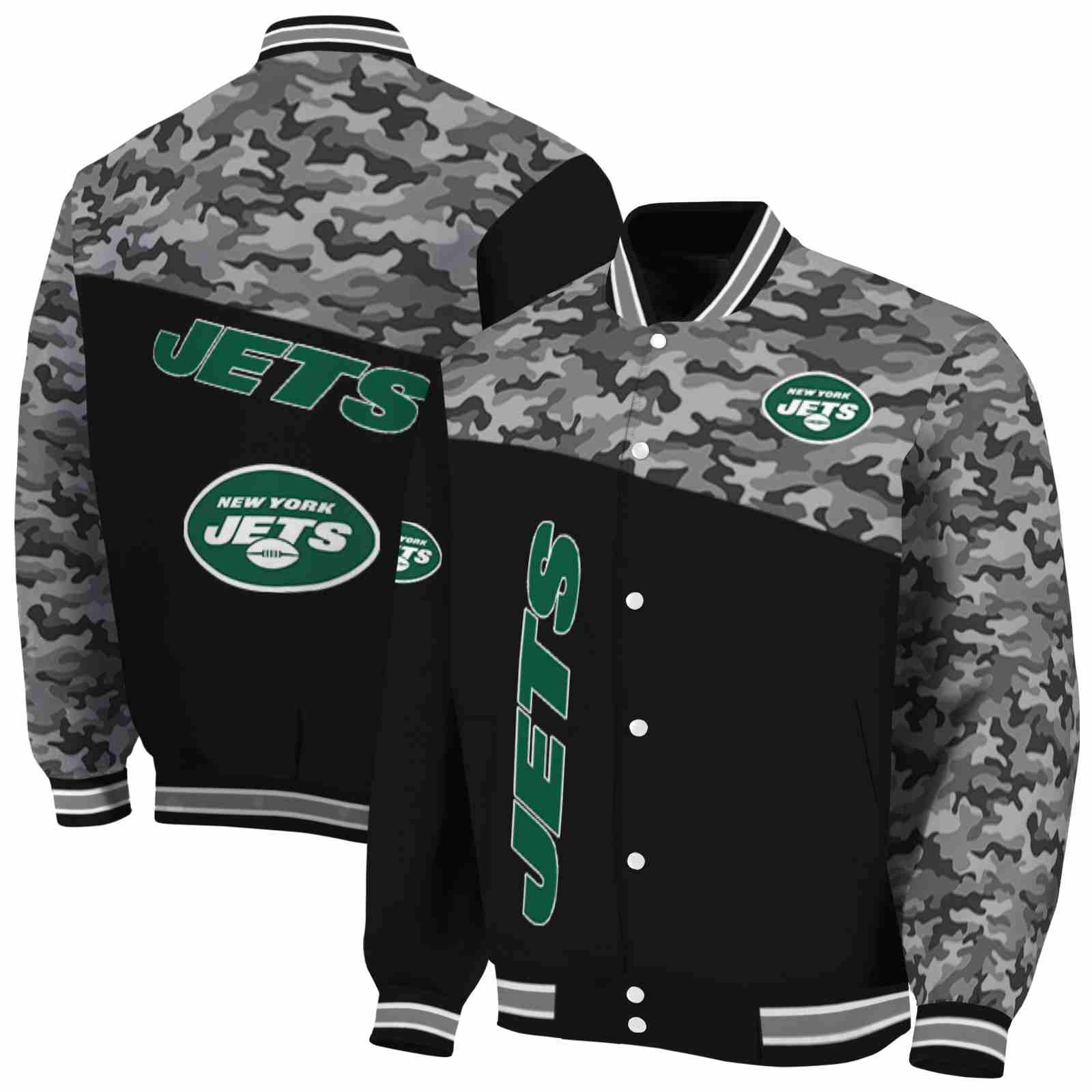 NFL New York Jets Camo Patchwork Black Custom Baseball Jacket Sport Fans Gear