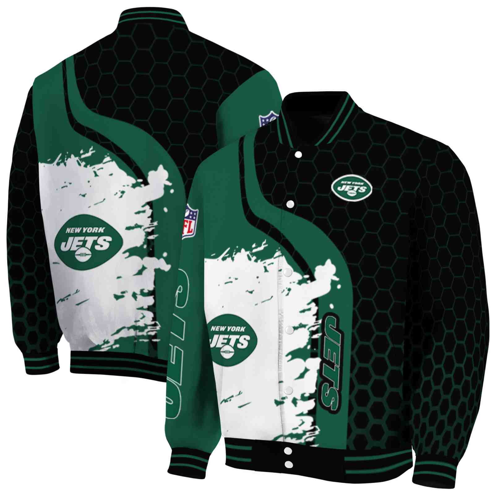 NFL New York Jets Hexagonal Pattern Green Black Custom Baseball Jacket Sport Fans Gear