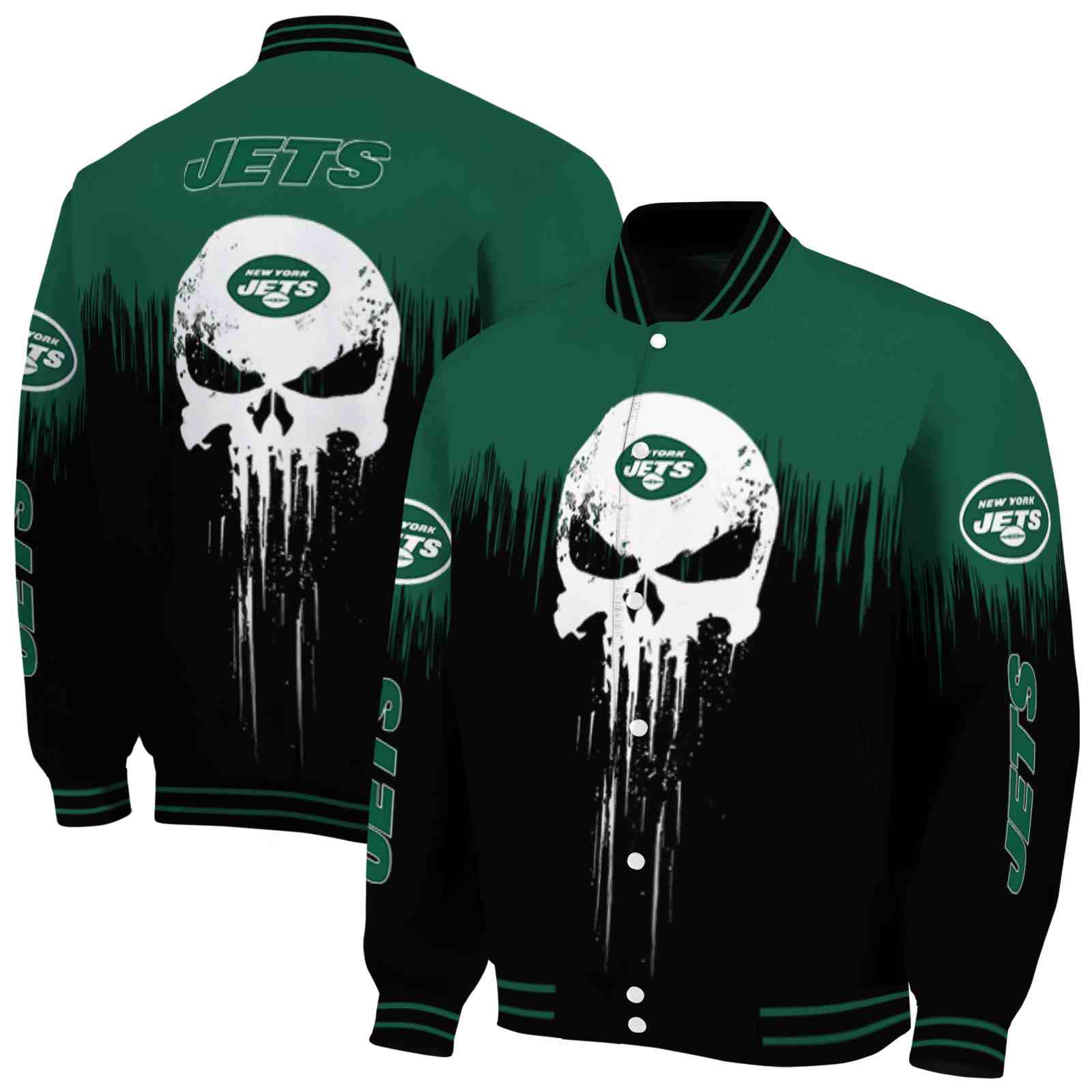 NFL New York Jets Punisher Skull Green Black White Custom Baseball Jacket Sport Fans Gear
