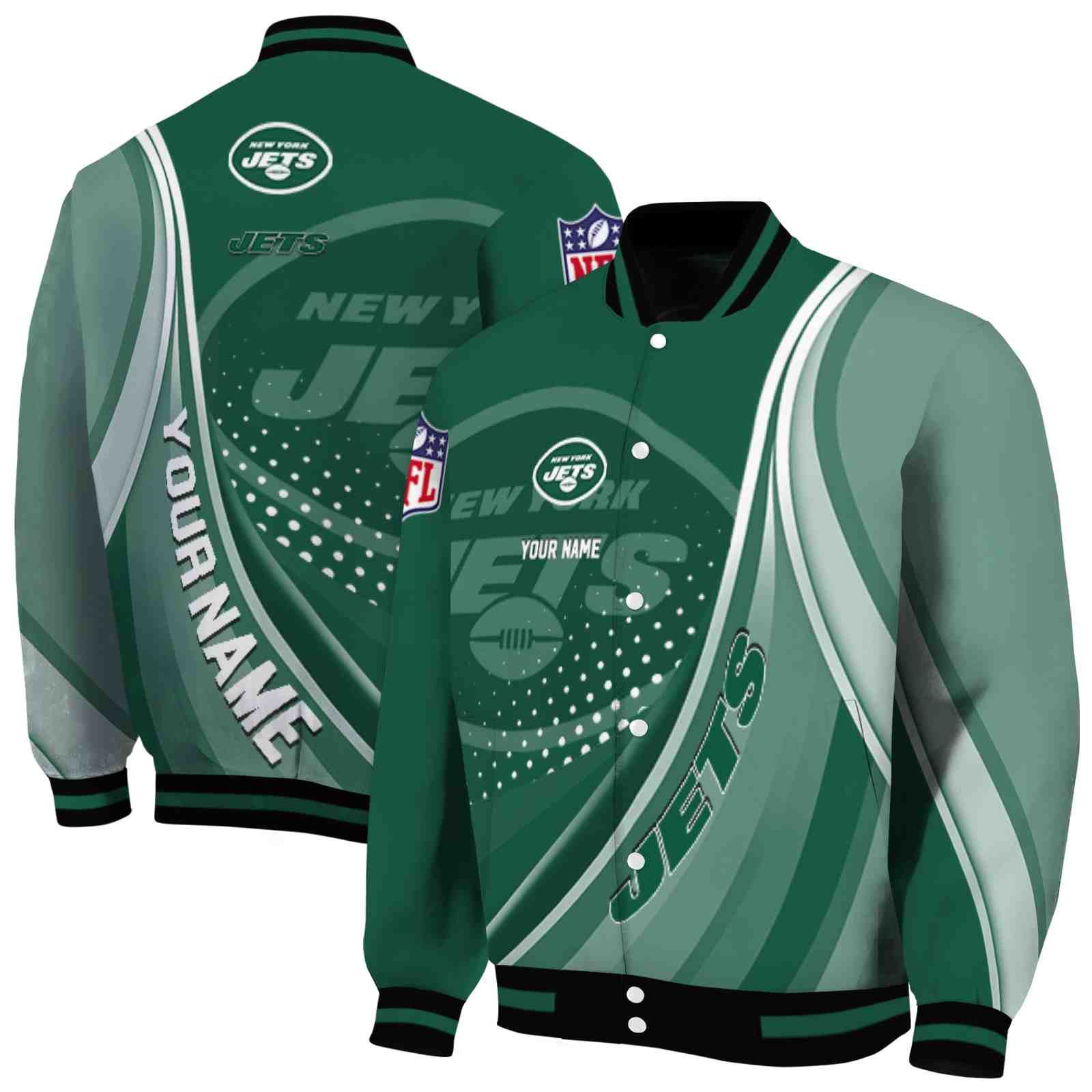 NFL New York Jets Wave Patterns Green Custom Baseball Jacket Sport Fans Gear