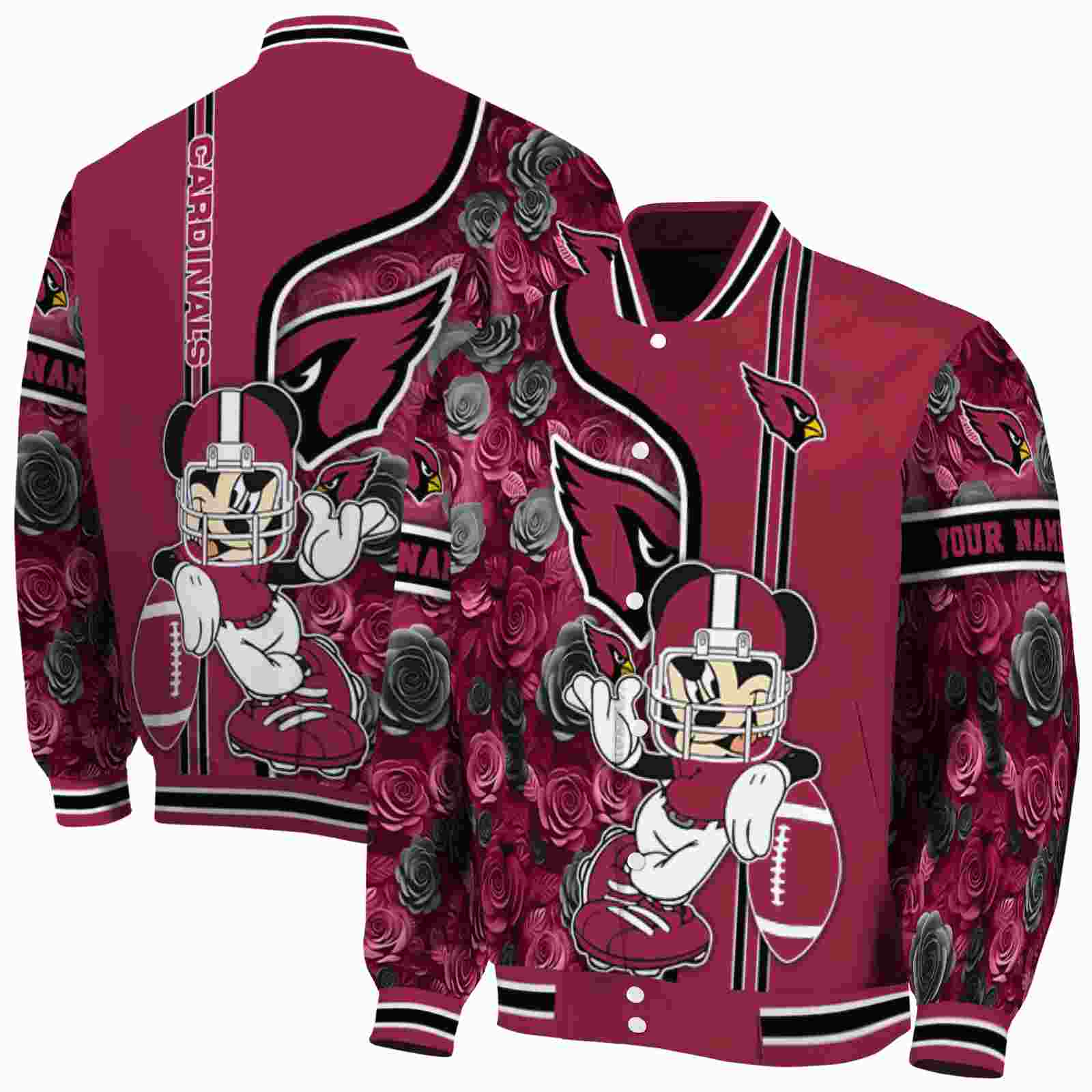 NFL Personalized Arizona Cardinals Rose Mickey Red Custom Baseball Jacket Sport Fans Gear