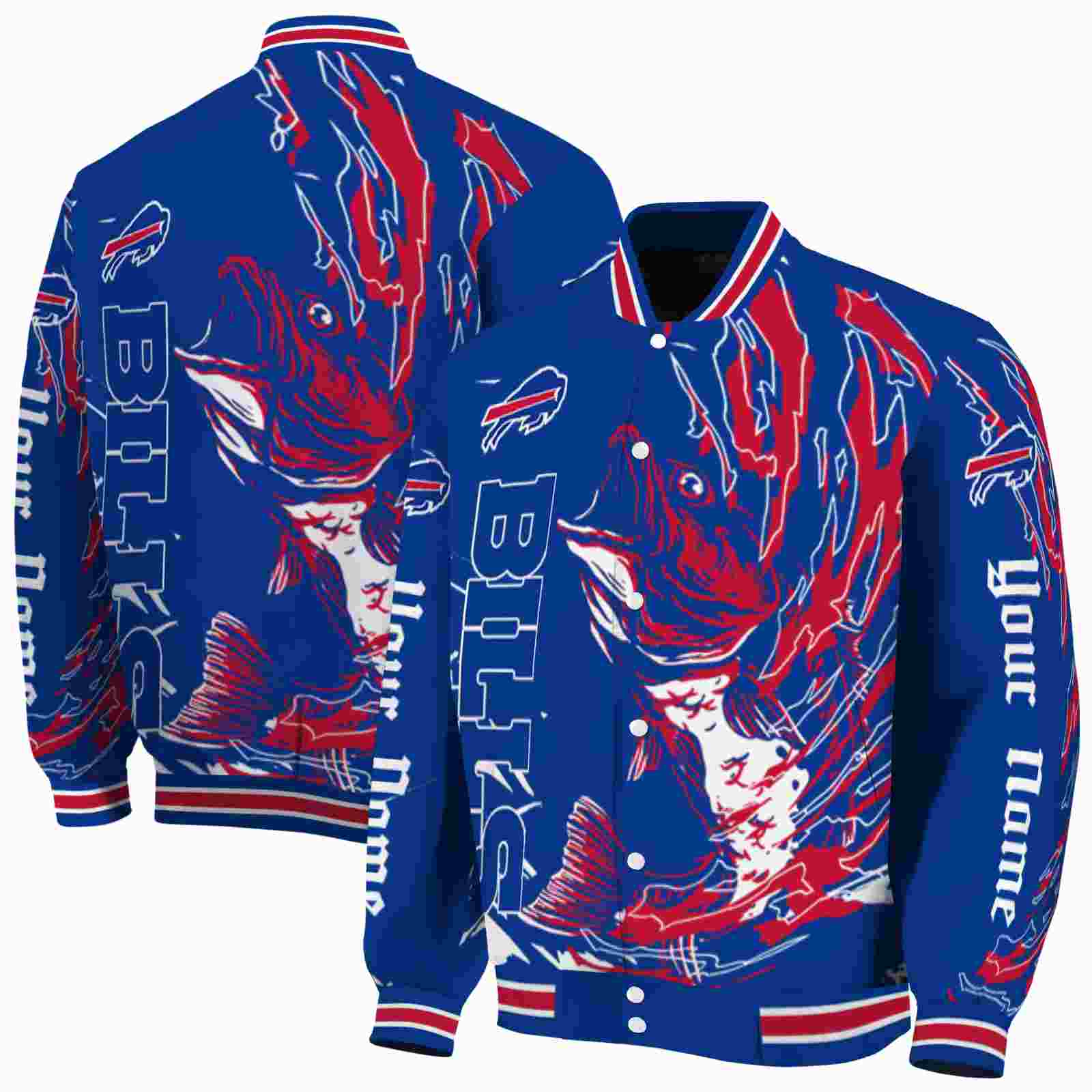 NFL Personalized Buffalo Bills Fishing Passion Blue White Custom Baseball Jacket Sport Fans Gear