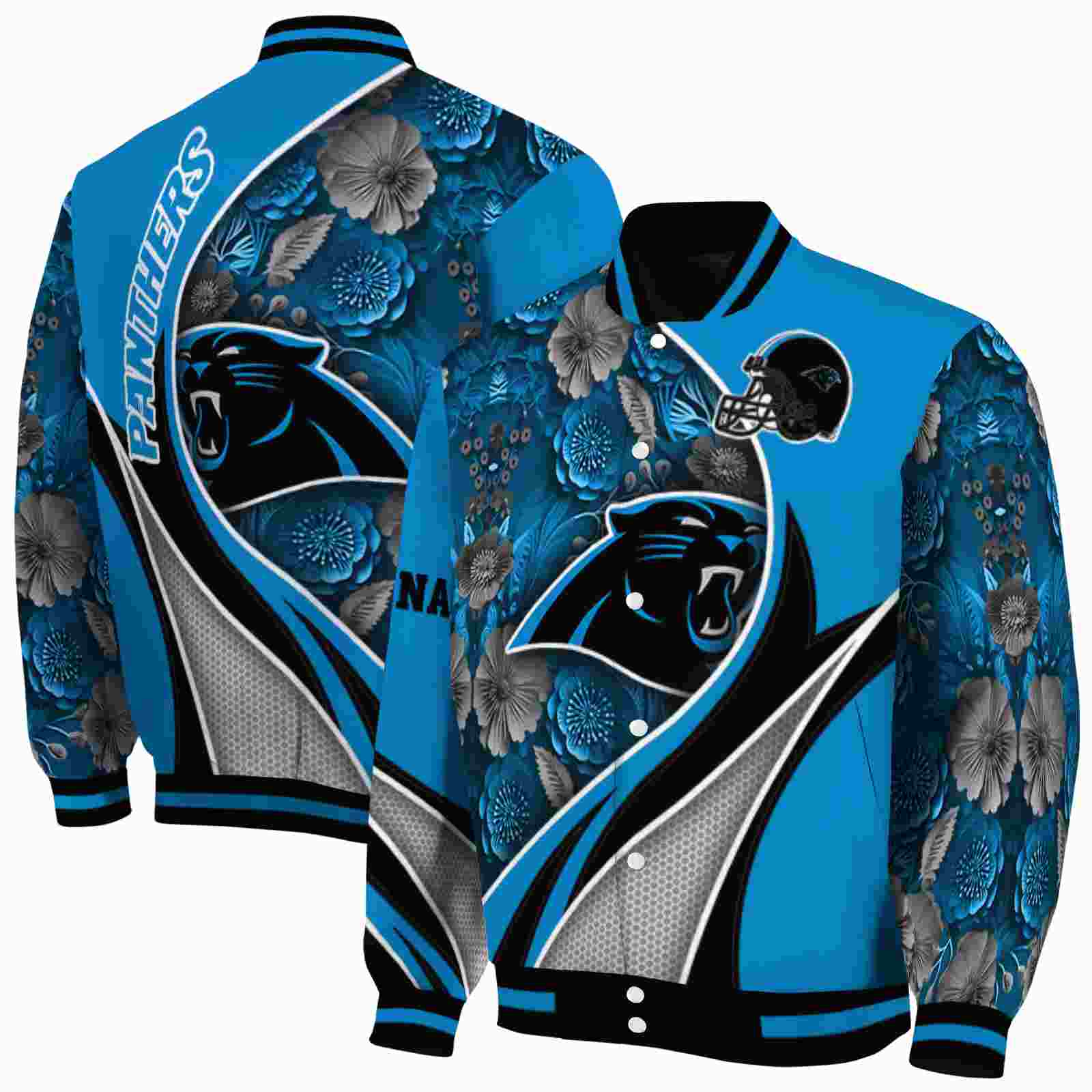 NFL Personalized Carolina Panthers Floral Print Blue Custom Baseball Jacket Sport Fans Gear