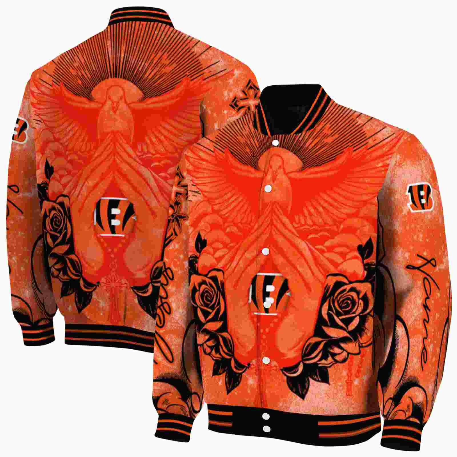NFL Personalized Cincinnati Bengals Praying Hands Orange Custom Baseball Jacket Sport Fans Gear