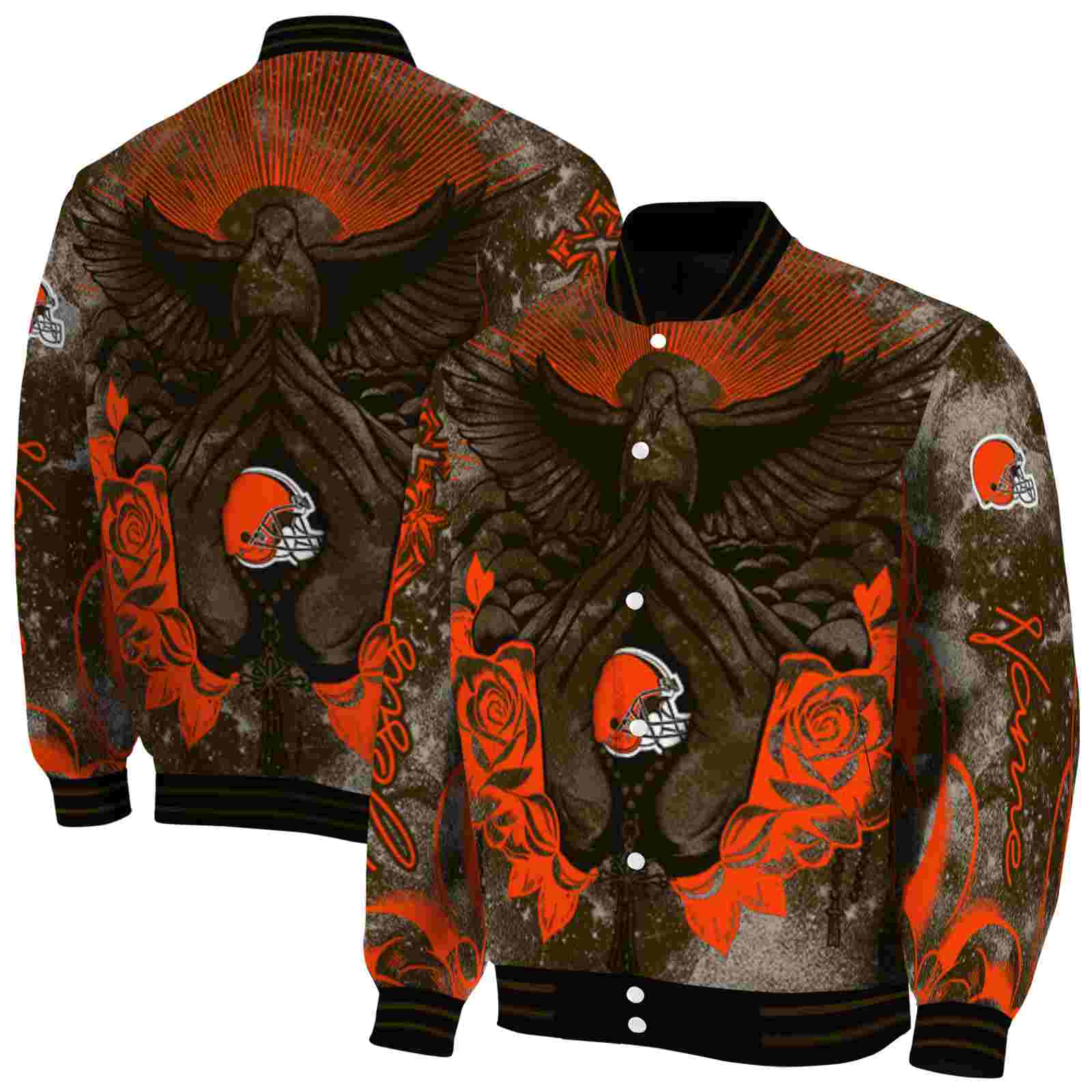 NFL Personalized Cleveland Browns Praying Hands Brown Custom Baseball Jacket Sport Fans Gear