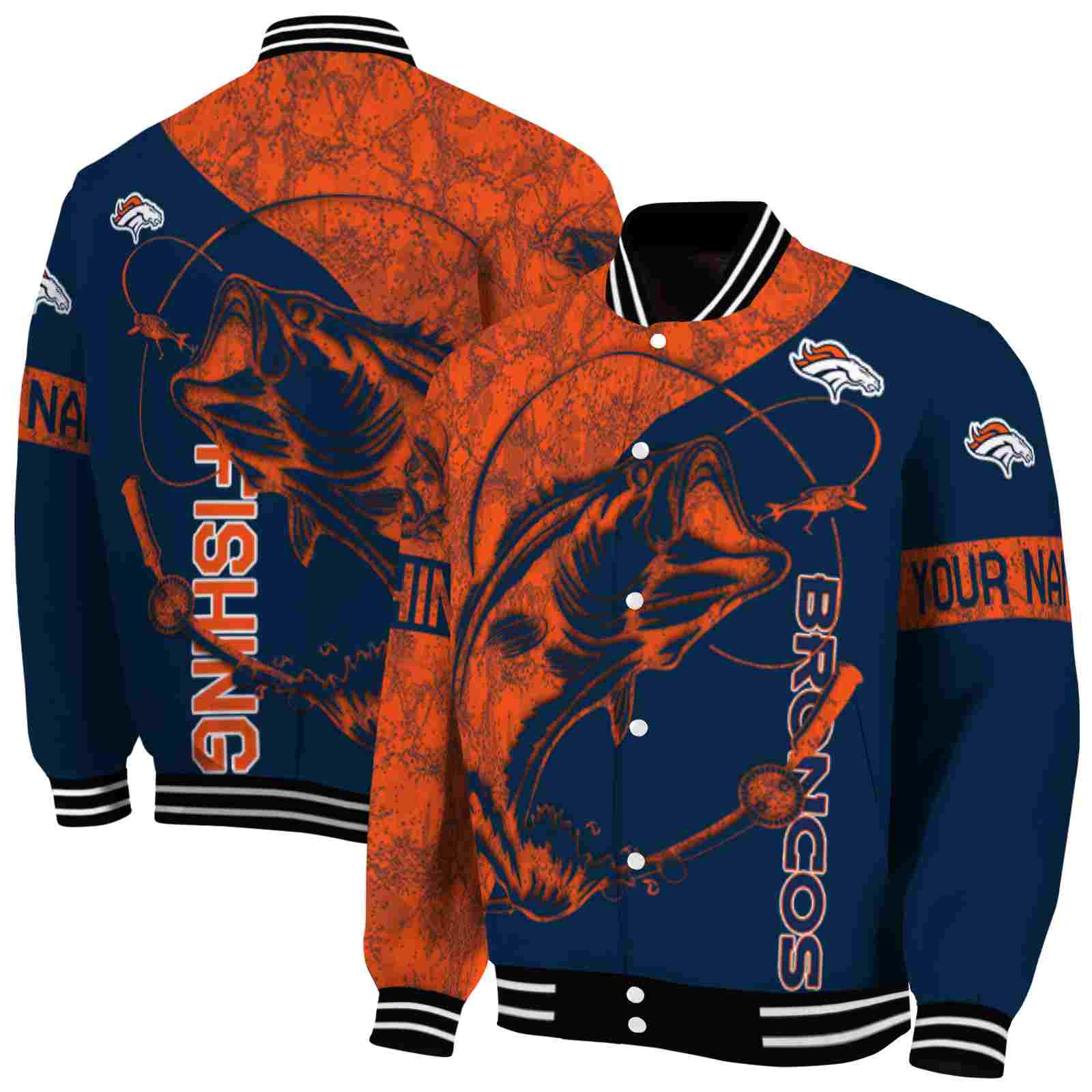 NFL Personalized Denver Broncos Fishing Rod Blue Custom Baseball Jacket Sport Fans Gear