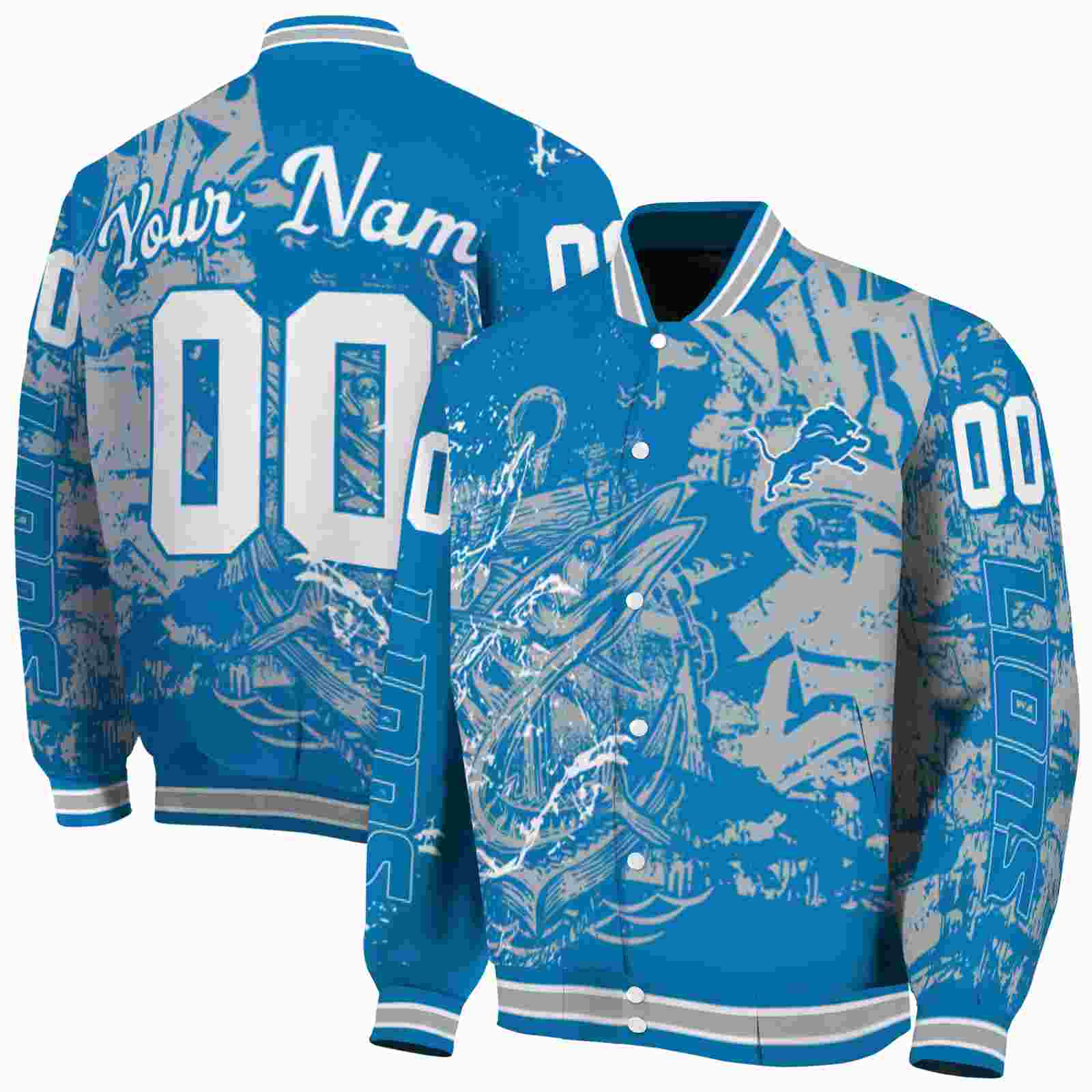 NFL Personalized Detroit Lions Fishing Art Blue Custom Baseball Jacket Sport Fans Gear