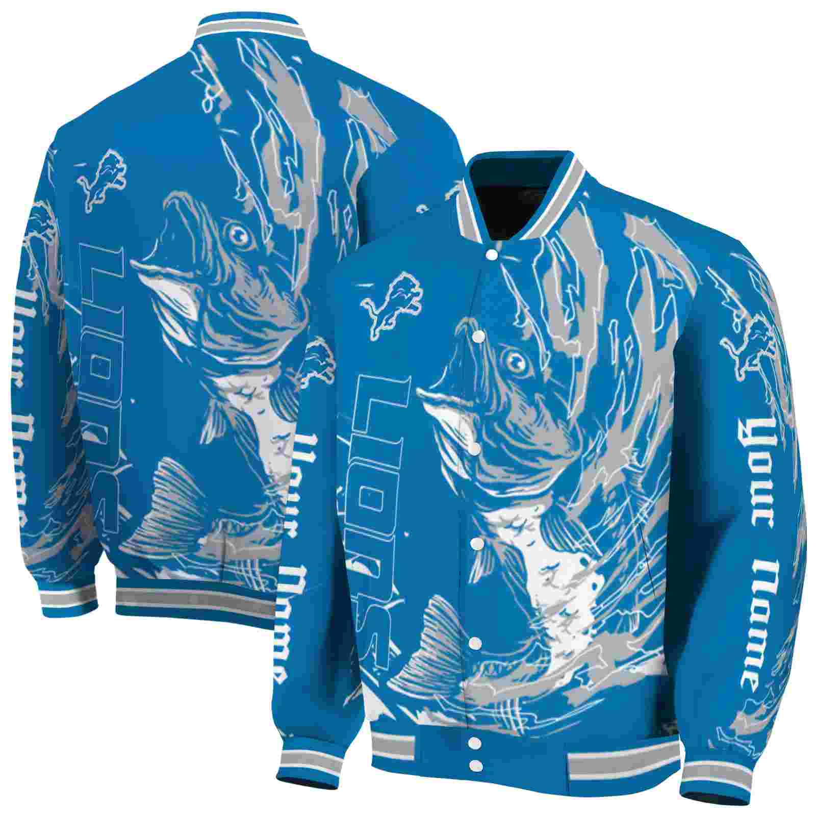 NFL Personalized Detroit Lions Fishing Passion Blue White Custom Baseball Jacket Sport Fans Gear