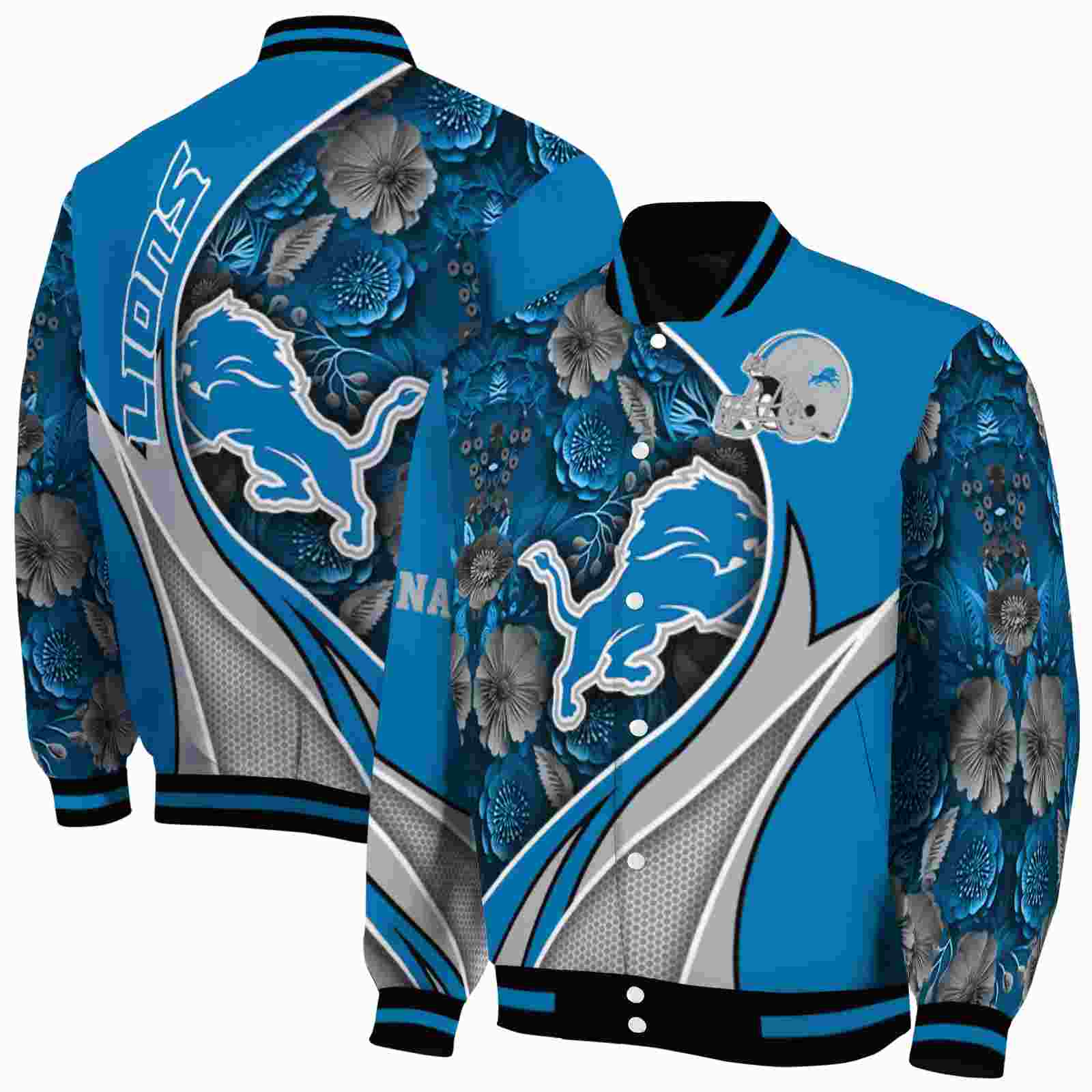 NFL Personalized Detroit Lions Floral Print Blue Custom Baseball Jacket Sport Fans Gear
