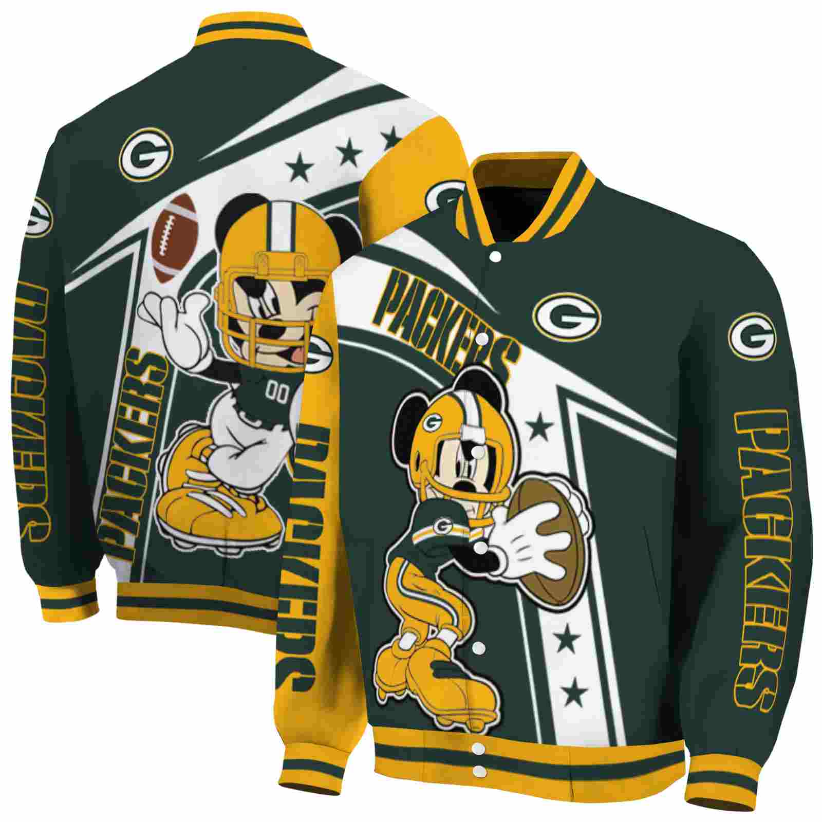 NFL Personalized Green Bay Packers Mickey Football Green White Custom Baseball Jacket Sport Fans Gear