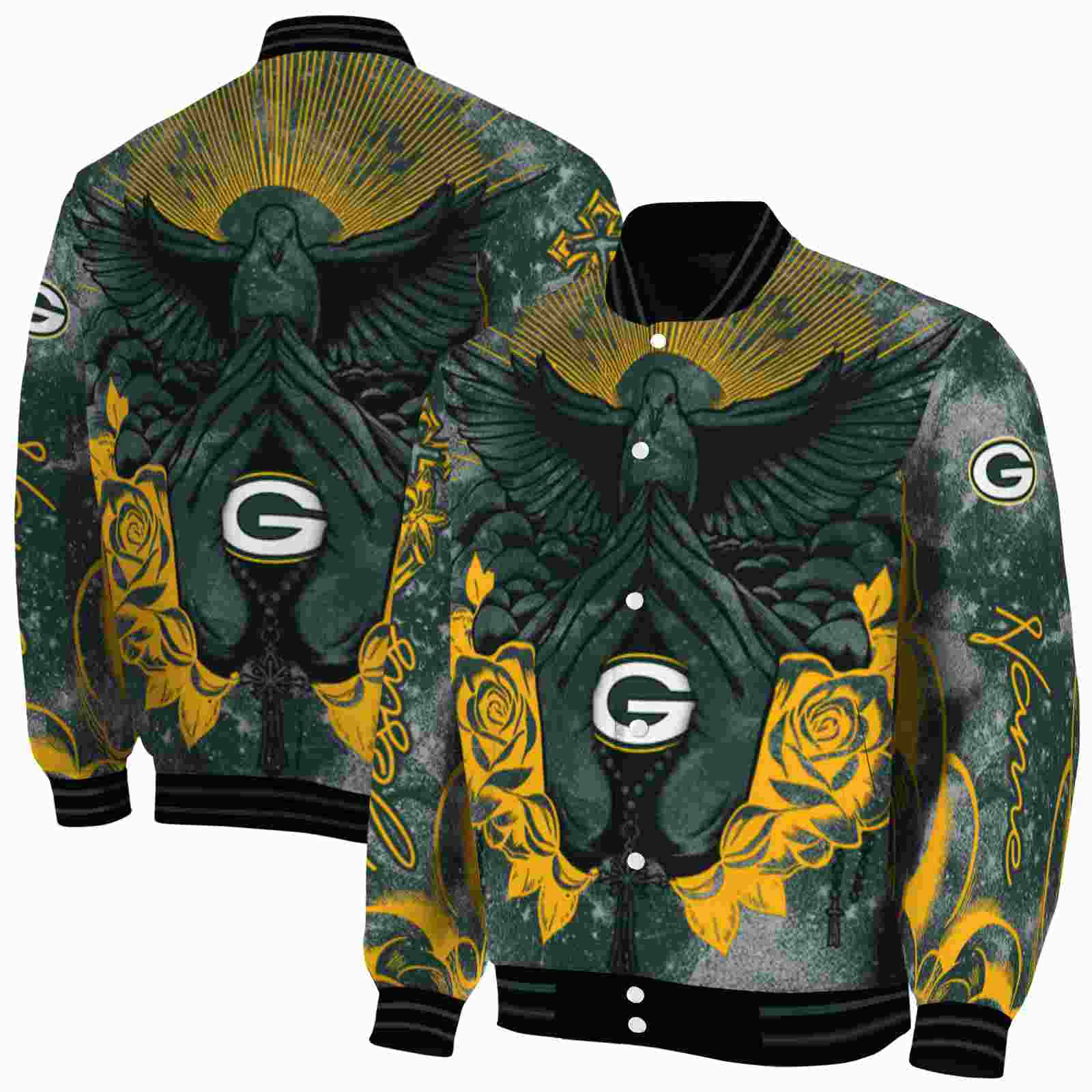 NFL Personalized Green Bay Packers Praying Hands Green Custom Baseball Jacket Sport Fans Gear