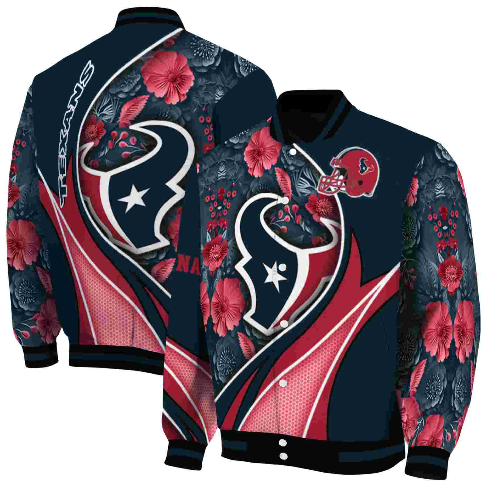 NFL Personalized Houston Texans Floral Print Blue Custom Baseball Jacket Sport Fans Gear