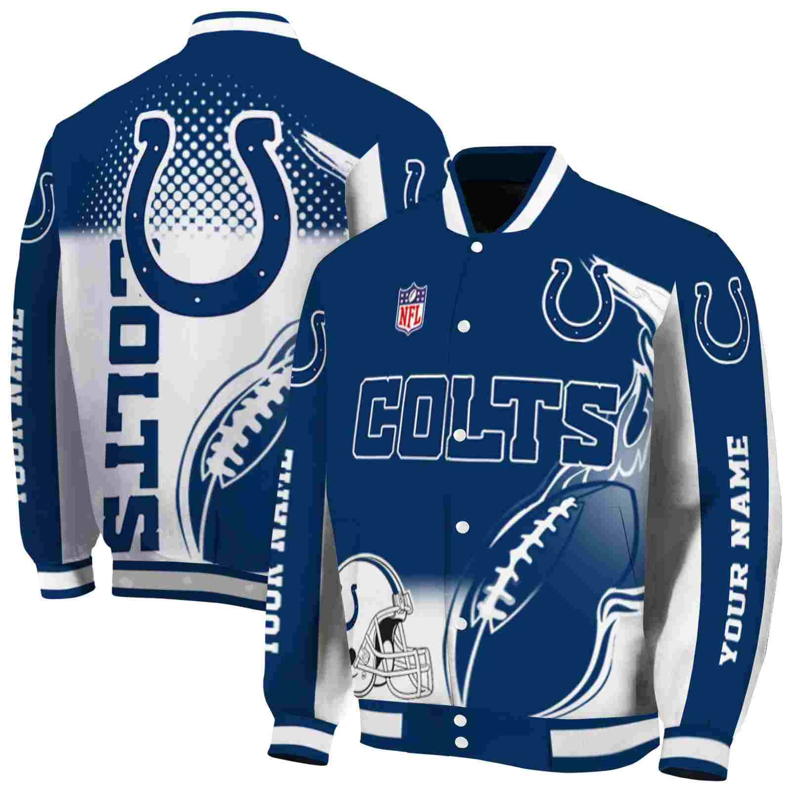 NFL Personalized Indianapolis Colts Flaming Football Blue White Custom Baseball Jacket Sport Fans Gear