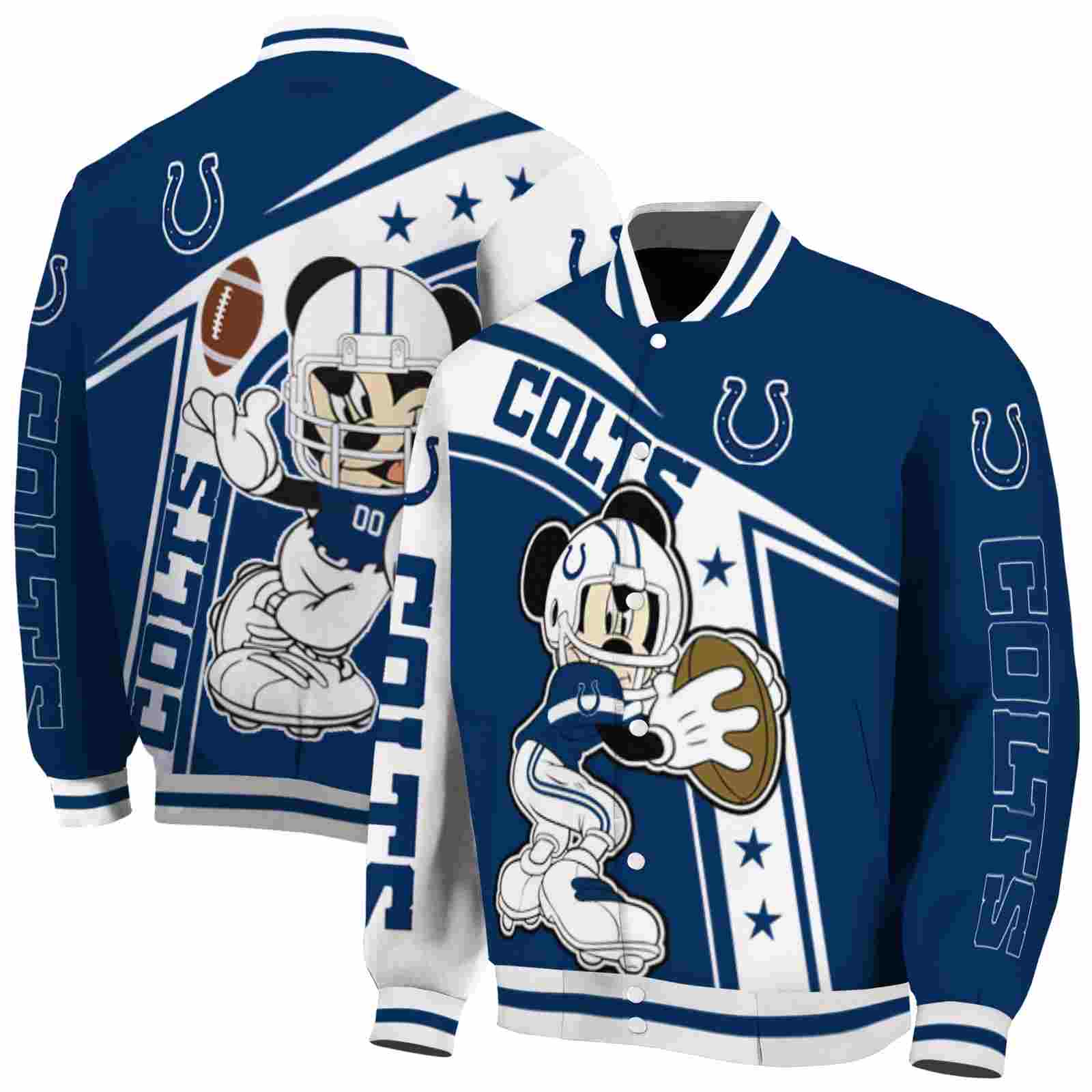 NFL Personalized Indianapolis Colts Mickey Football Blue White Custom Baseball Jacket Sport Fans Gear